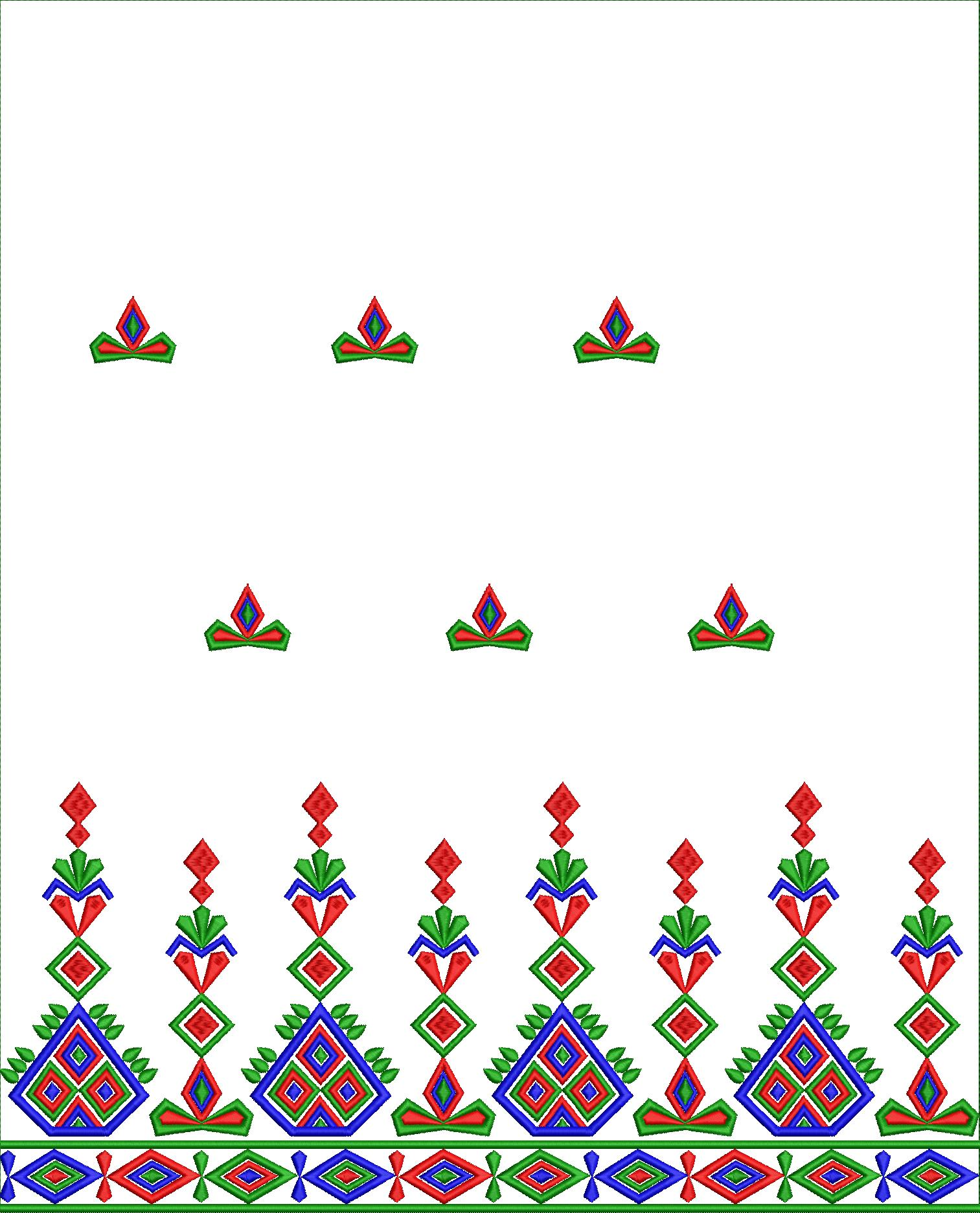 Embroidery design: A traditional and ethnic embroidery design featuring a repeating, symmetrical border with geometric and diamond motifs i