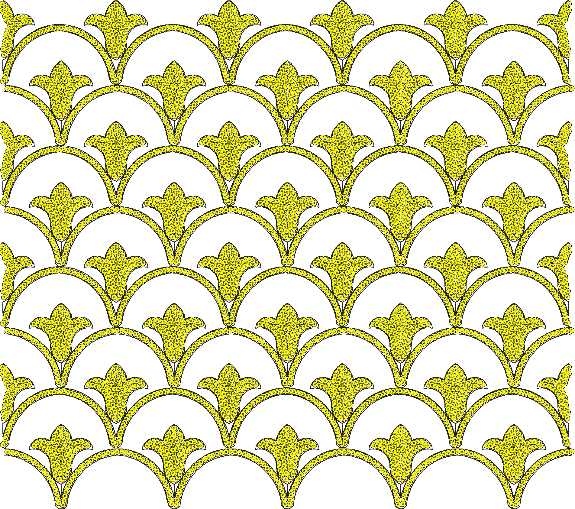 Embroidery design: A repeating, all-over embroidery design featuring stylized yellow floral or paisley motifs framed by black arched outlin