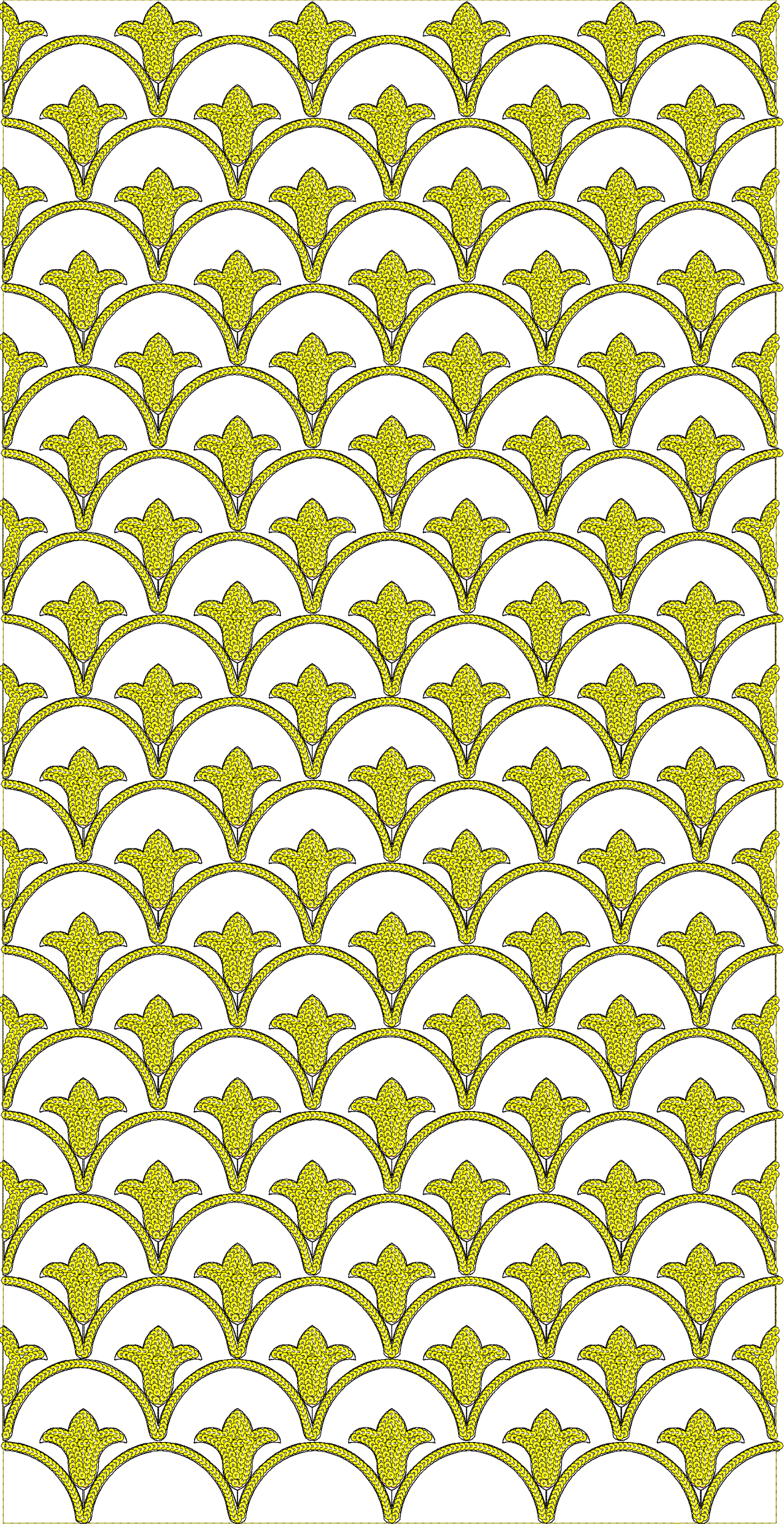 Embroidery design: A repeating all-over embroidery design featuring stylized yellow floral motifs enclosed in arches, creating a decorative