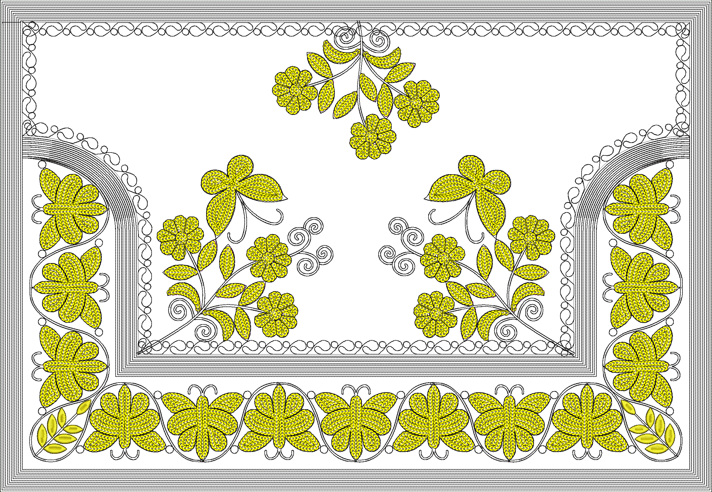 Embroidery design: A decorative embroidery design featuring yellow floral and leaf motifs with butterfly-like shapes, arranged symmetricall