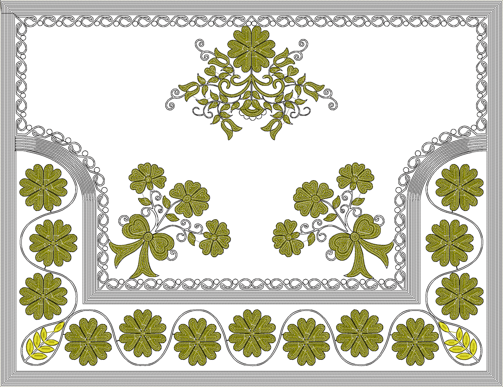 Embroidery design: An embroidery design featuring an ornamental floral arrangement at the top, with bow-adorned floral motifs on the sides,