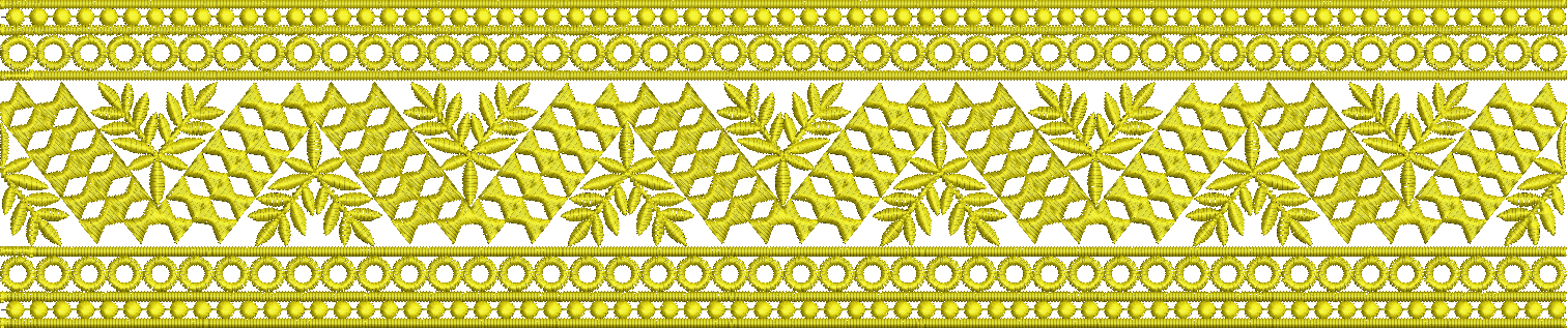 Embroidery design: A yellow embroidered border design featuring repeating symmetrical motifs of geometric shapes, floral elements, and leav