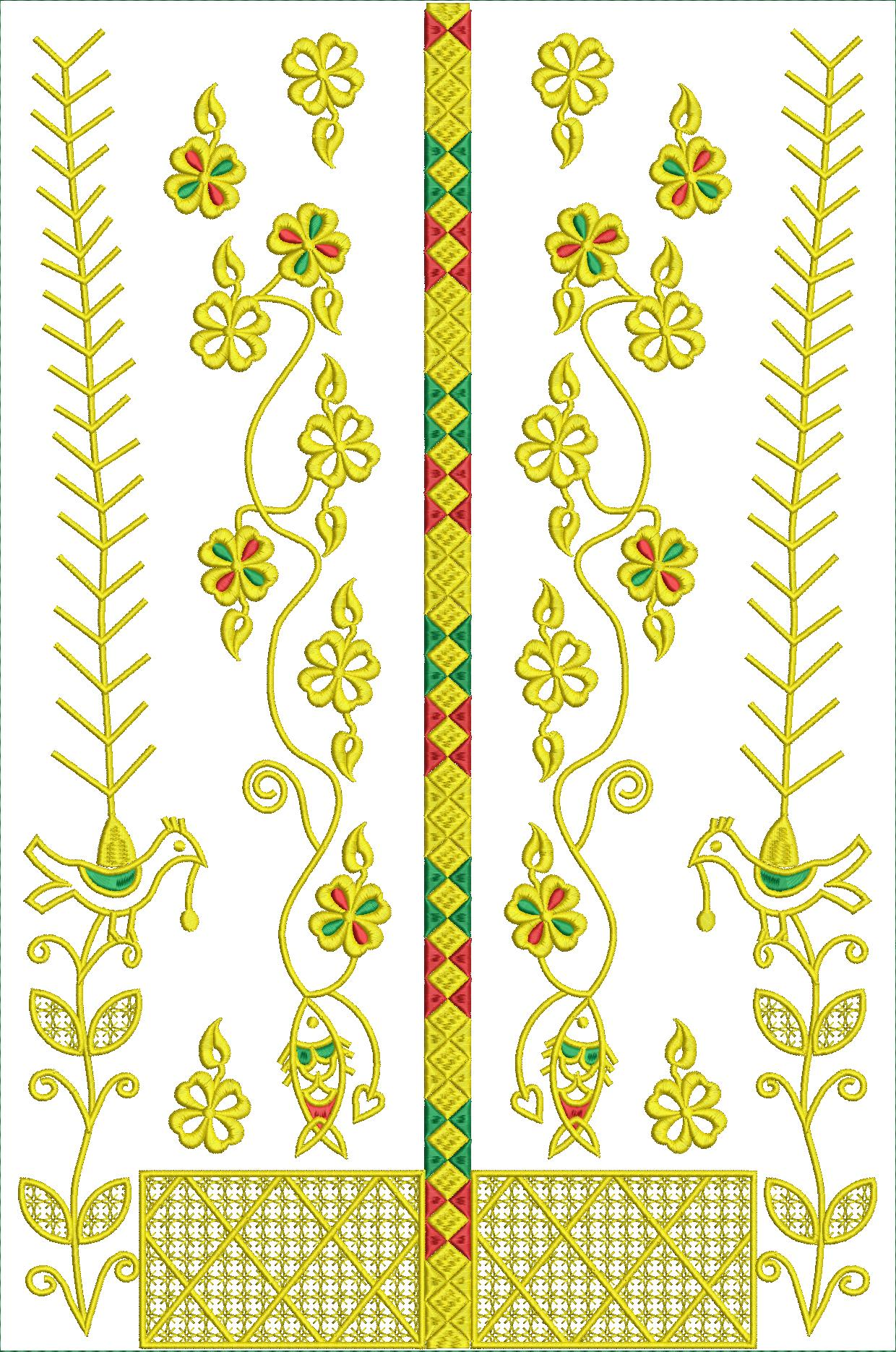 Embroidery design: An ornamental embroidery design featuring yellow, red, and green floral motifs, birds, and fish-like symbols, framed by 