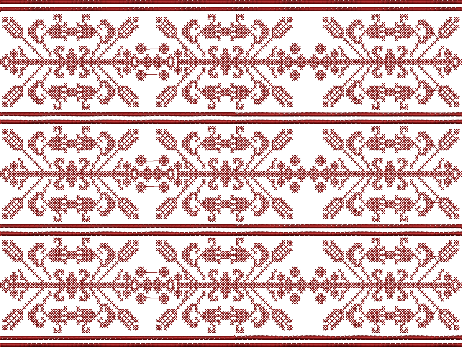Embroidery design: A maroon and white embroidery design featuring a repeating, symmetrical, and ornamental ethnic pattern with geometric mo