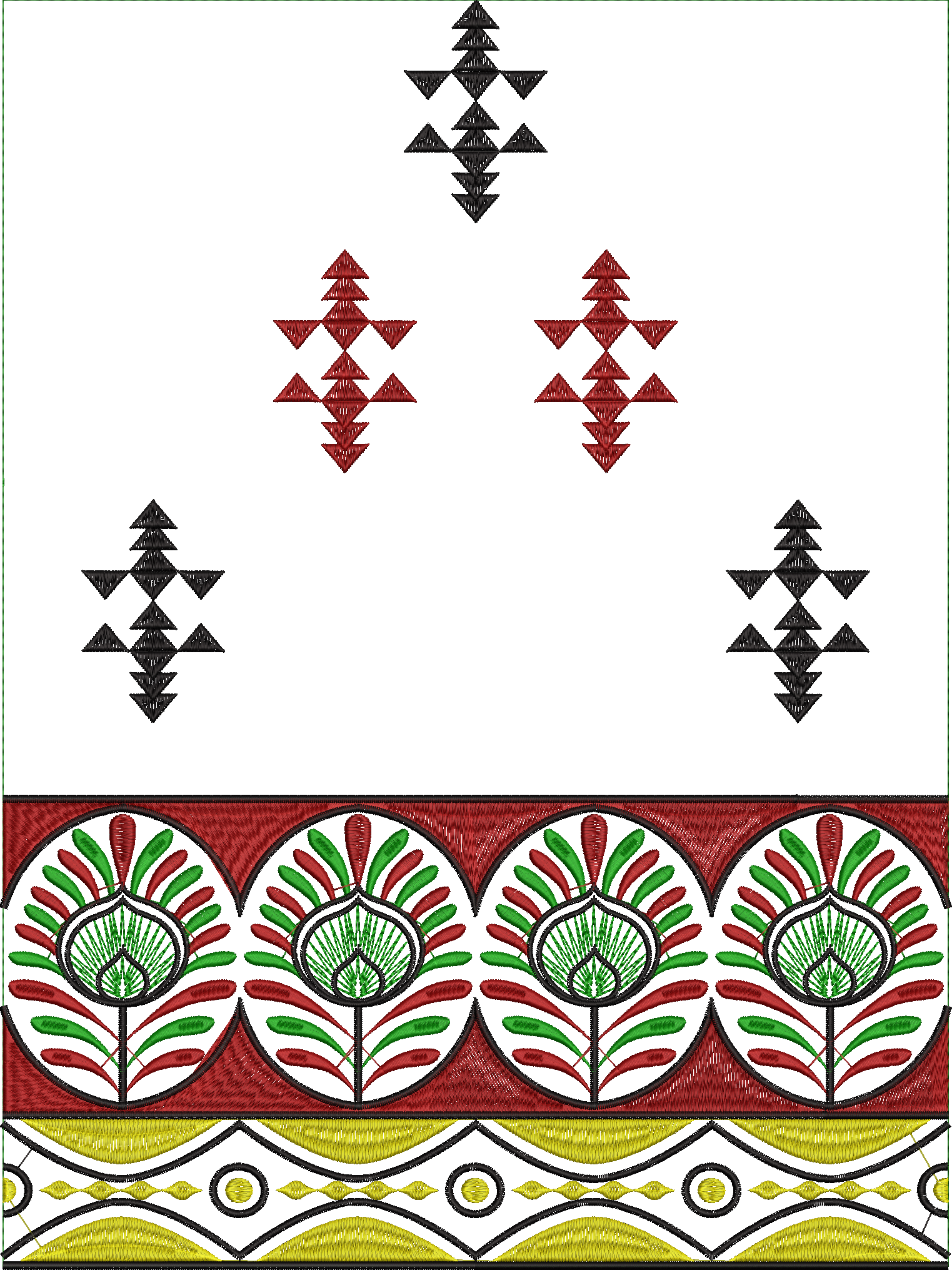 Embroidery design: A decorative embroidery design featuring a border with repeating floral motifs in red and green, and scattered geometric