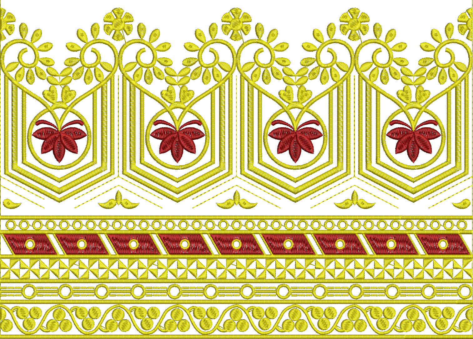 Embroidery design: A detailed embroidery border design with repeating yellow scrollwork, red floral motifs, geometric patterns, and diamond