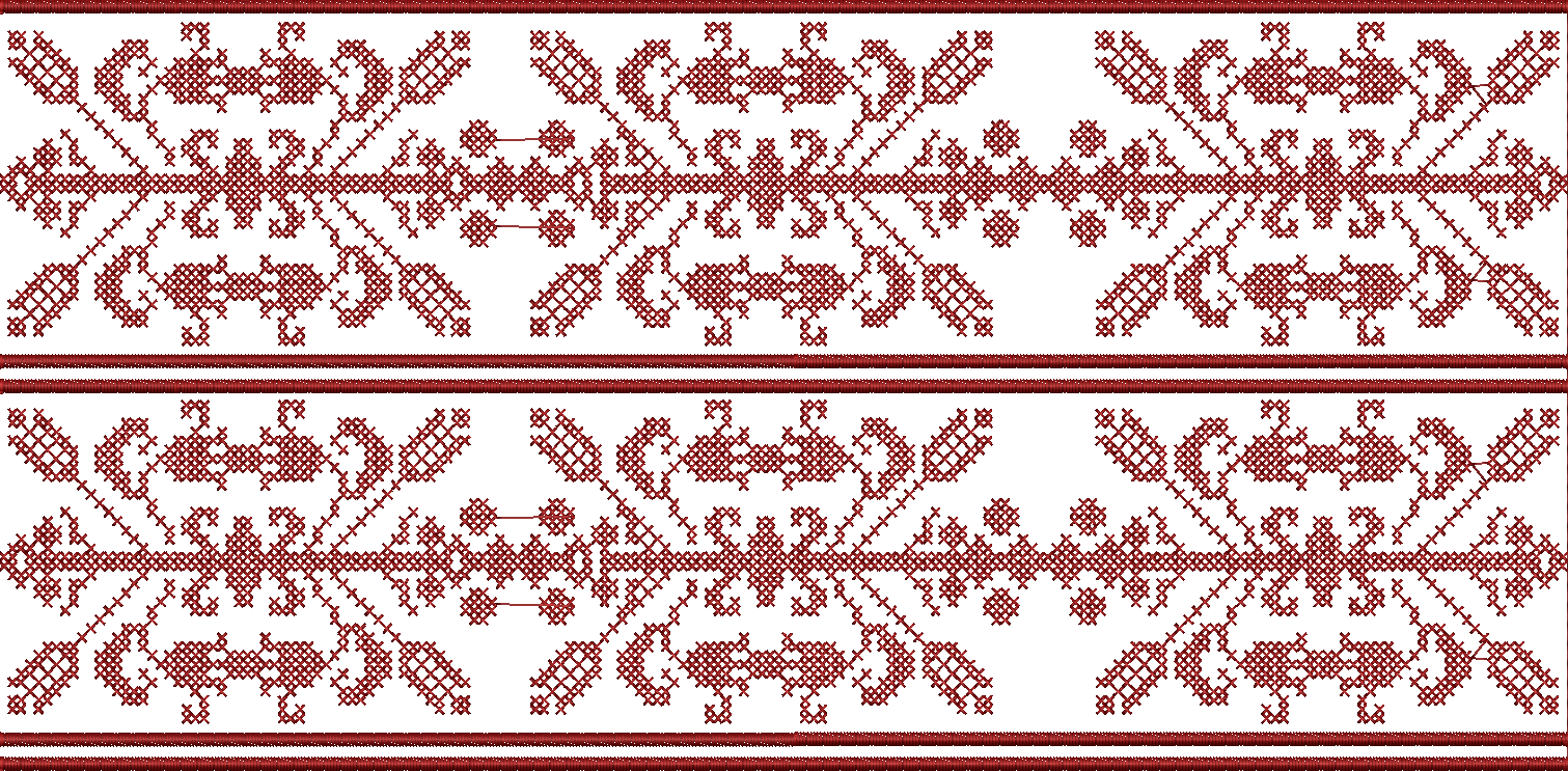 Embroidery design: A traditional and ethnic embroidery design featuring a repeating, symmetrical geometric border in dark red.