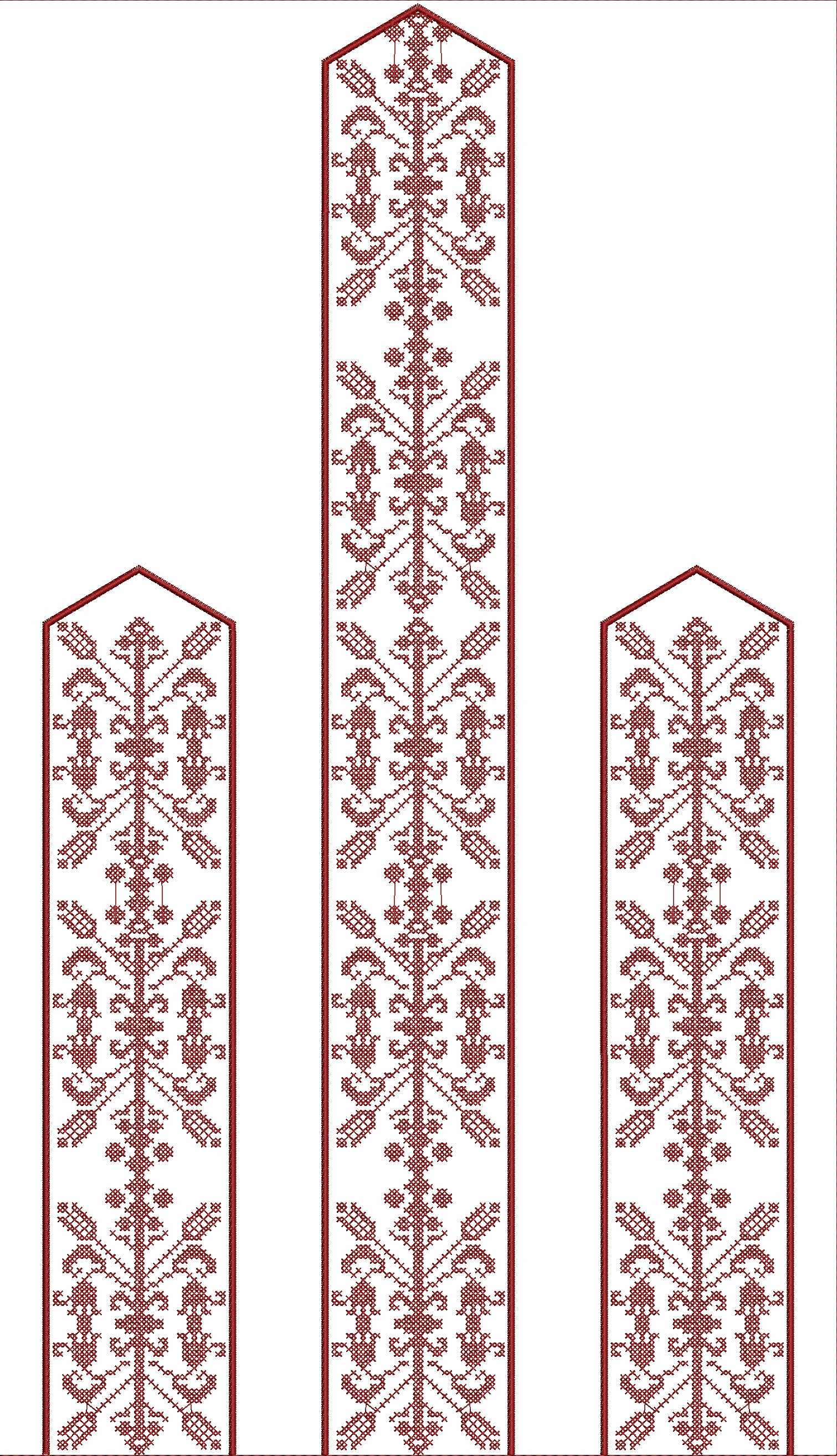 Embroidery design: A traditional and ornamental embroidery design in a maroon color, featuring repeating vertical panels with symmetrical v