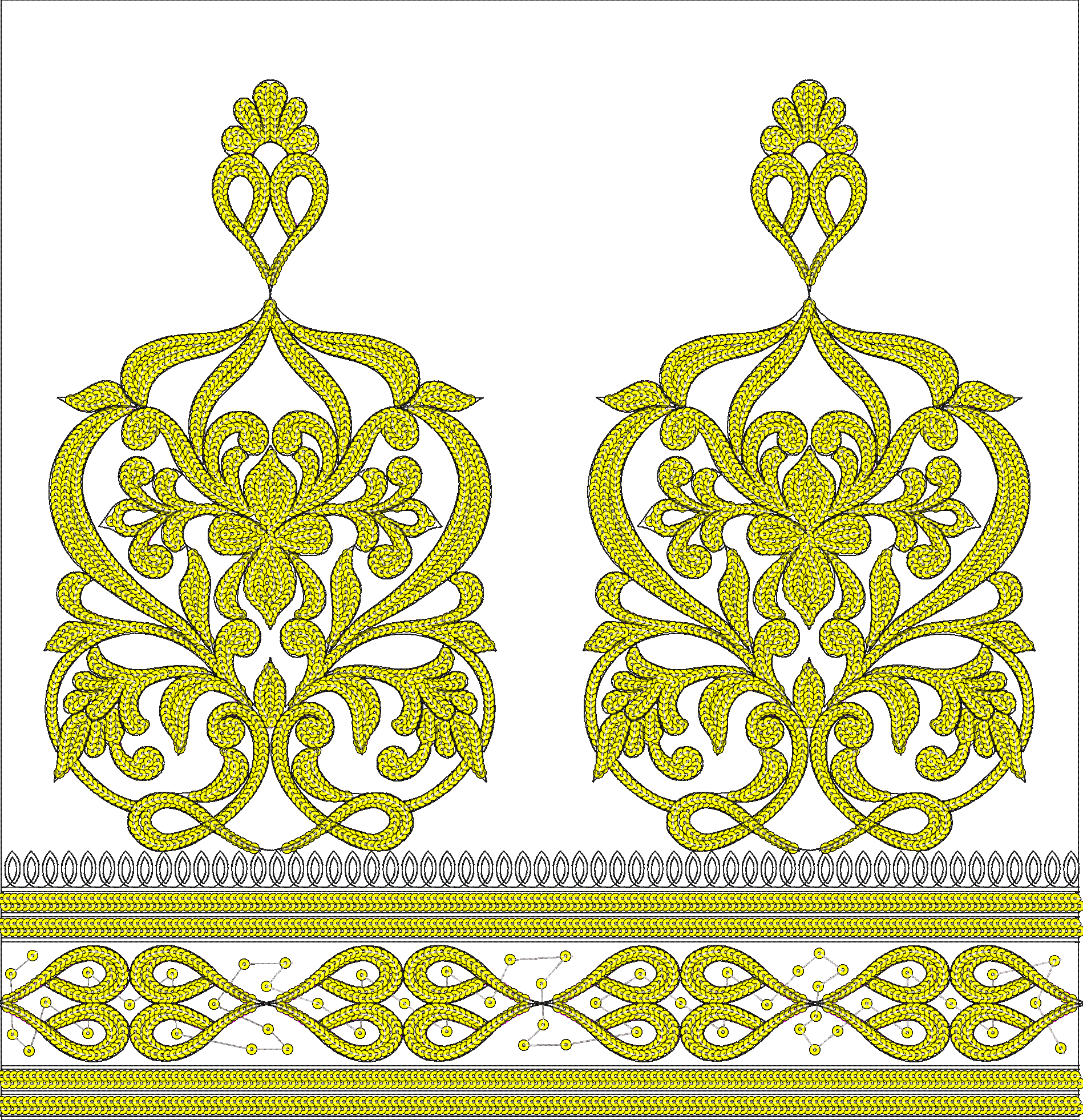 Embroidery design: A symmetrical yellow and black embroidery design featuring two ornate, mirrored motifs at the top and a decorative borde