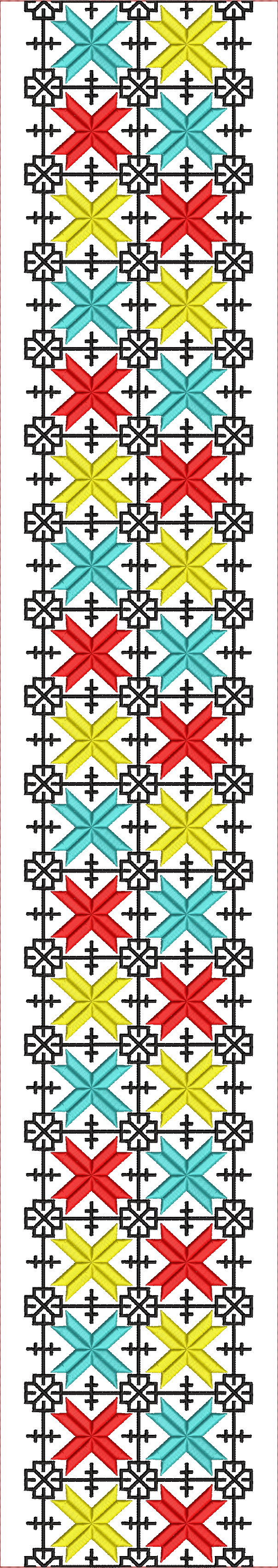 Embroidery design: A repeating geometric embroidery border design with symmetrical ethnic and traditional motifs in red, yellow, and cyan a