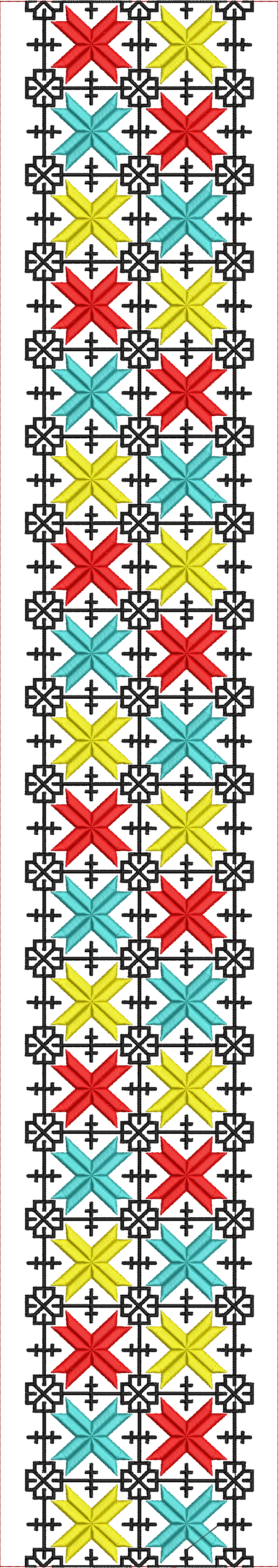 Embroidery design: A vertical embroidery border with repeating geometric star motifs in red, yellow, and teal, framed by intricate black sc
