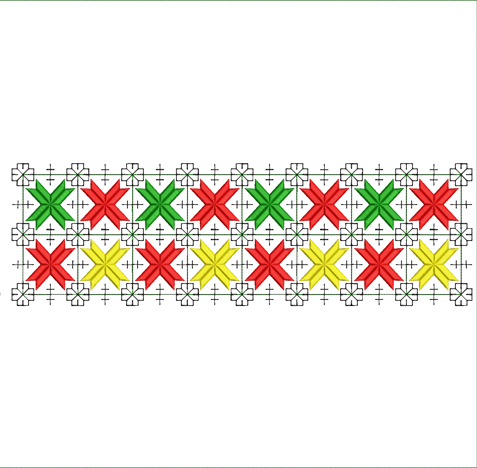 Embroidery design: A repeating, symmetrical geometric border design with red, green, and yellow star-like motifs.