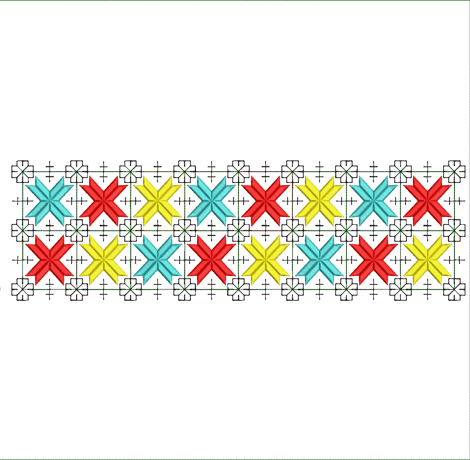 Embroidery design: A repeating border design featuring stylized red, yellow, and teal star motifs, outlined with black decorative elements.