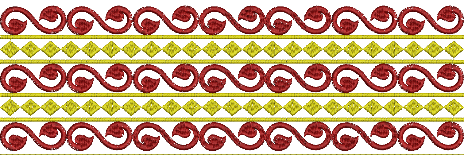 Embroidery design: A decorative embroidery border with repeating maroon scrollwork and vine motifs separated by rows of gold diamonds. This