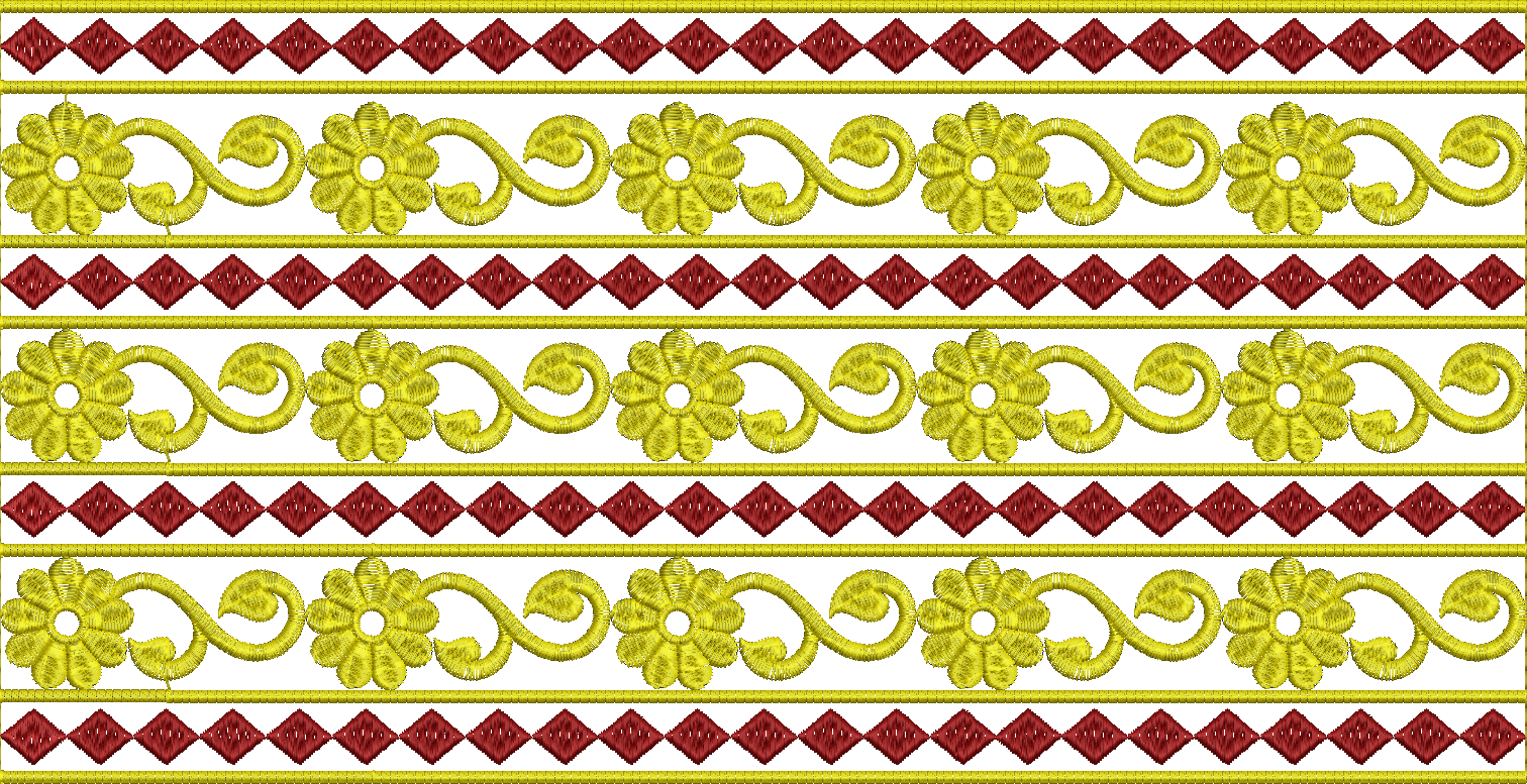 Embroidery design: A decorative border embroidery design featuring repeating patterns of yellow floral motifs interspersed with red geometr