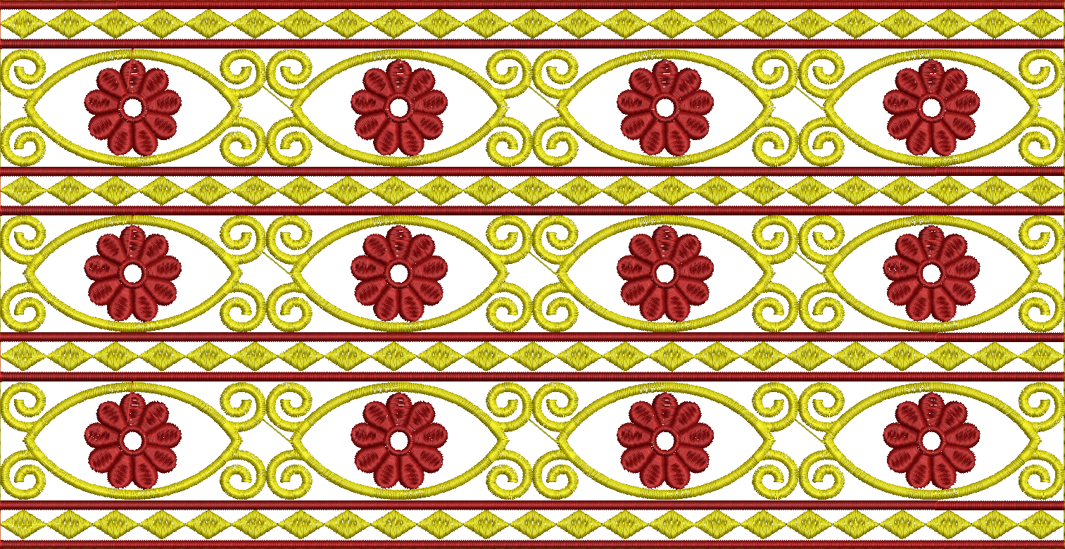 Embroidery design: A repeating horizontal embroidery border with a traditional ornamental design featuring red floral motifs, yellow scroll
