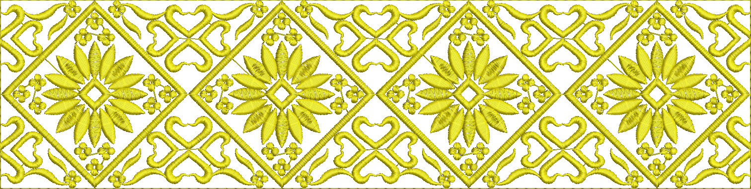 Embroidery design: A yellow embroidery design featuring a repeating decorative border with geometric and floral elements. The design incorp