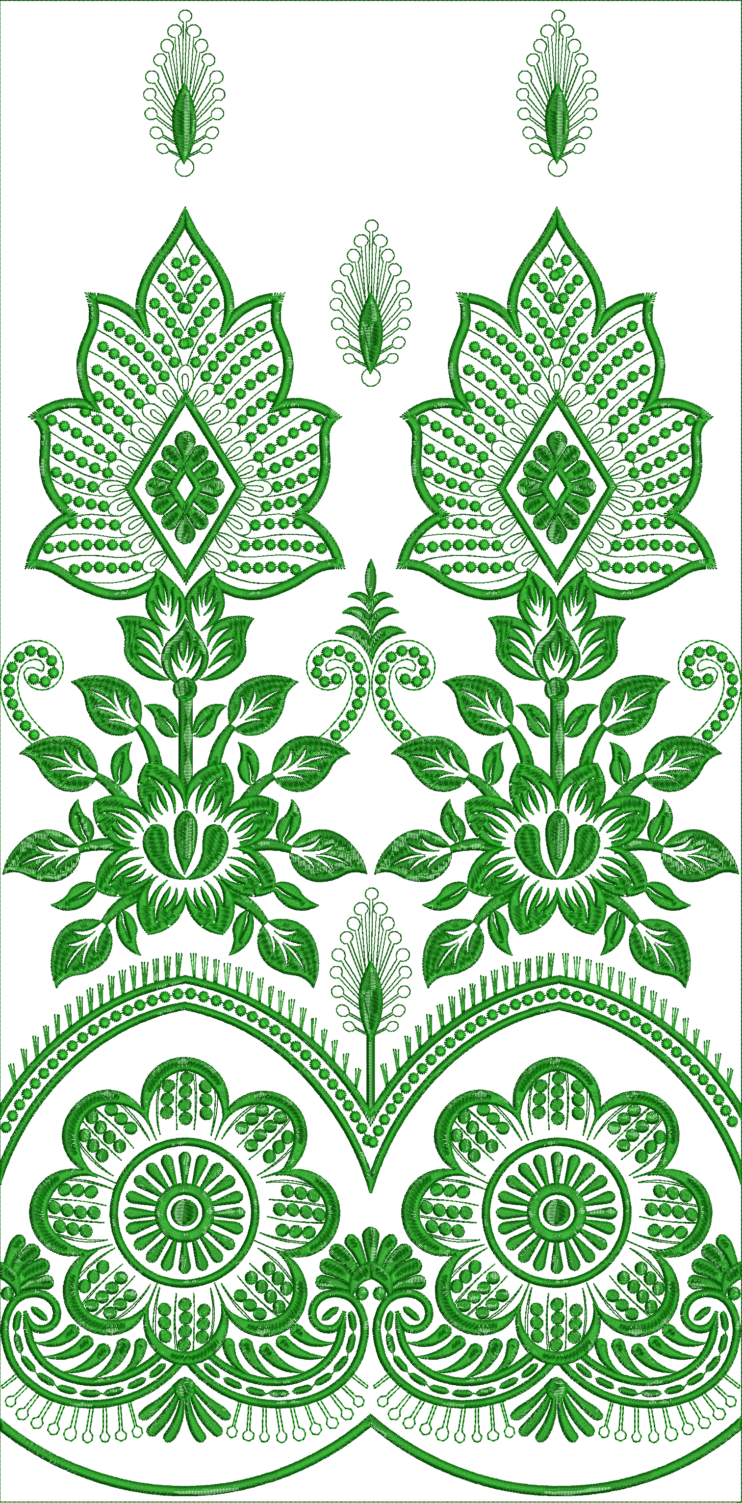 Embroidery design: A symmetrical green embroidery design featuring floral motifs, leaves, scrollwork, and a decorative border with a scallo
