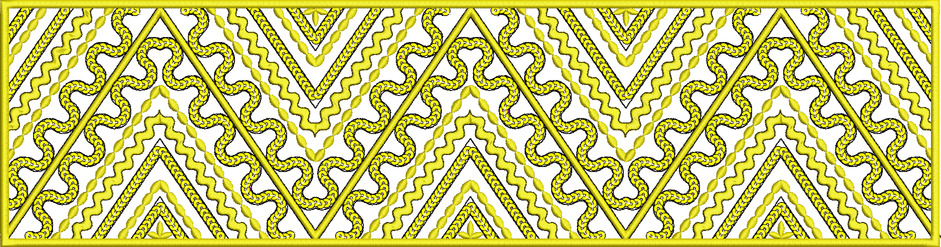 Embroidery design: A decorative yellow border with a repeating geometric pattern featuring zig-zagging lines and diamond shapes on a white 