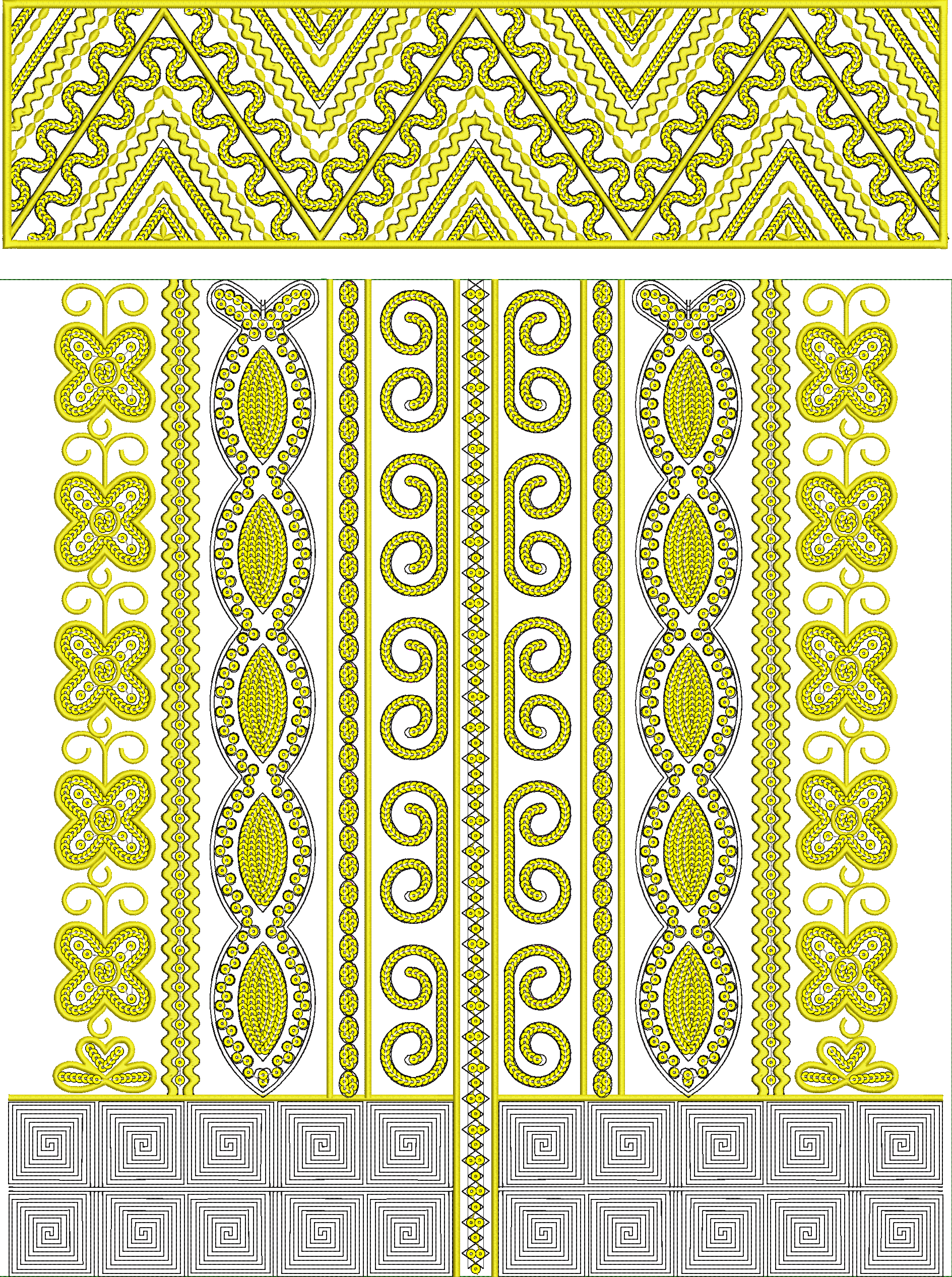 Embroidery design: A collection of decorative yellow embroidery designs featuring geometric borders, scrollwork, floral motifs, and diamond