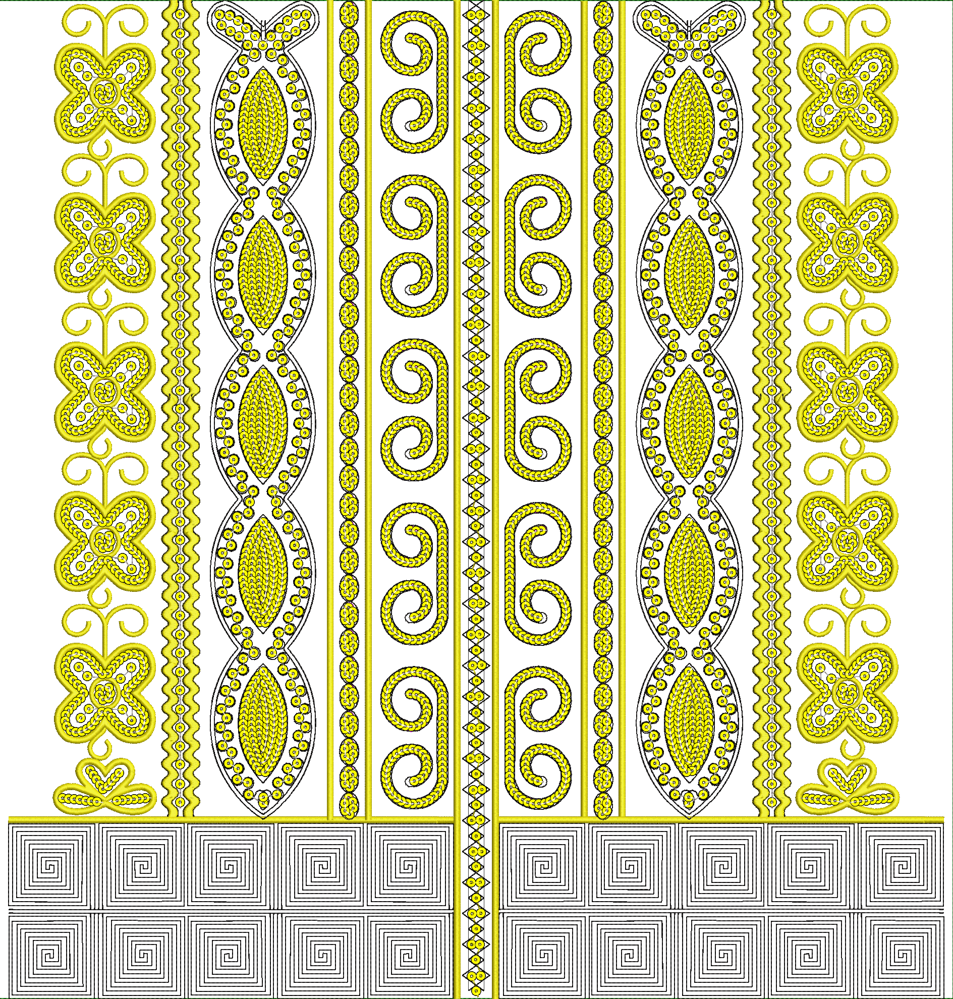 Embroidery design: A decorative embroidery design with yellow and black colors, featuring symmetrical and repeating geometric scrollwork, f