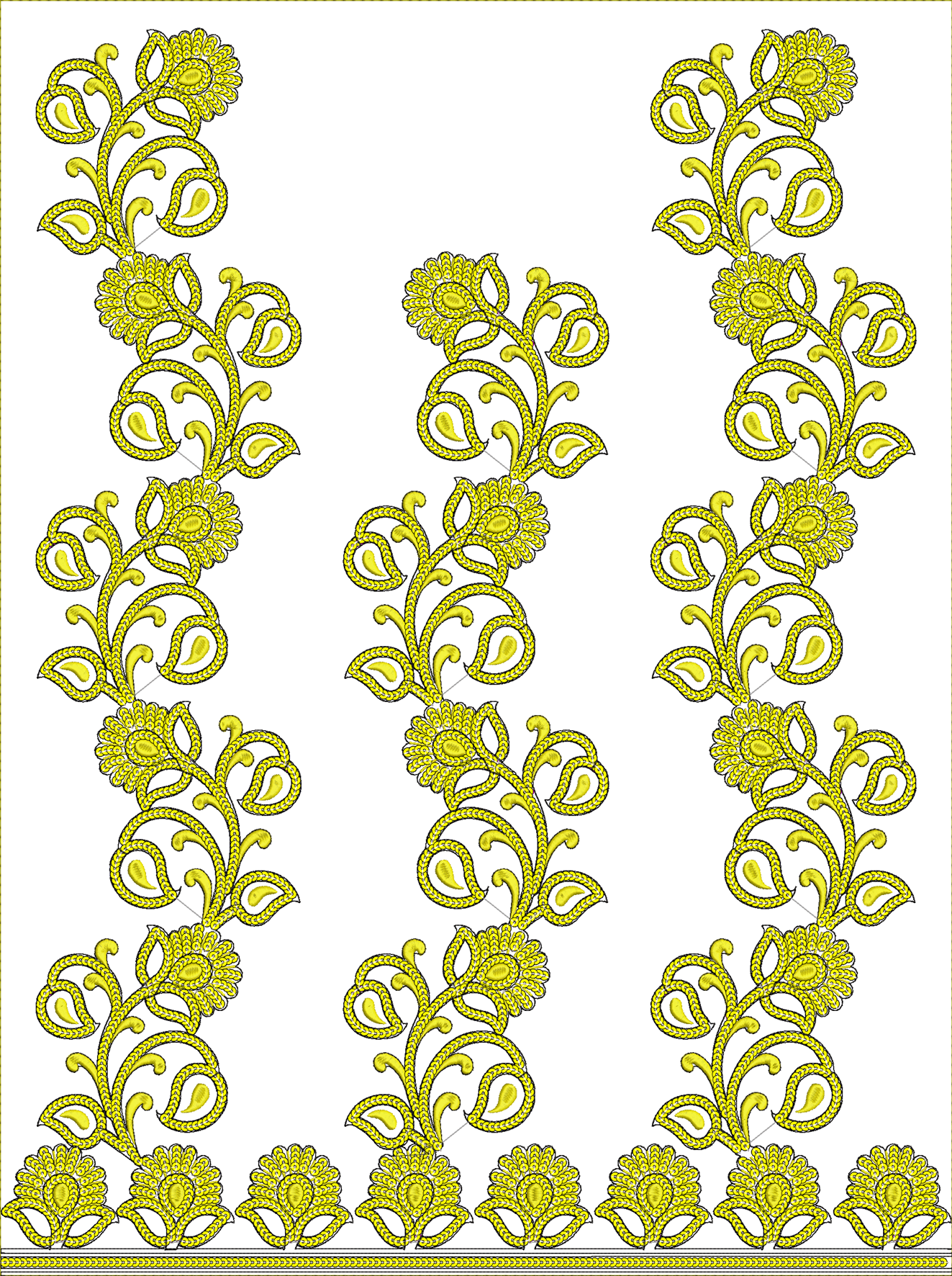 Embroidery design: A decorative yellow and black embroidery design featuring repeating floral and vine motifs with a scalloped edge border.
