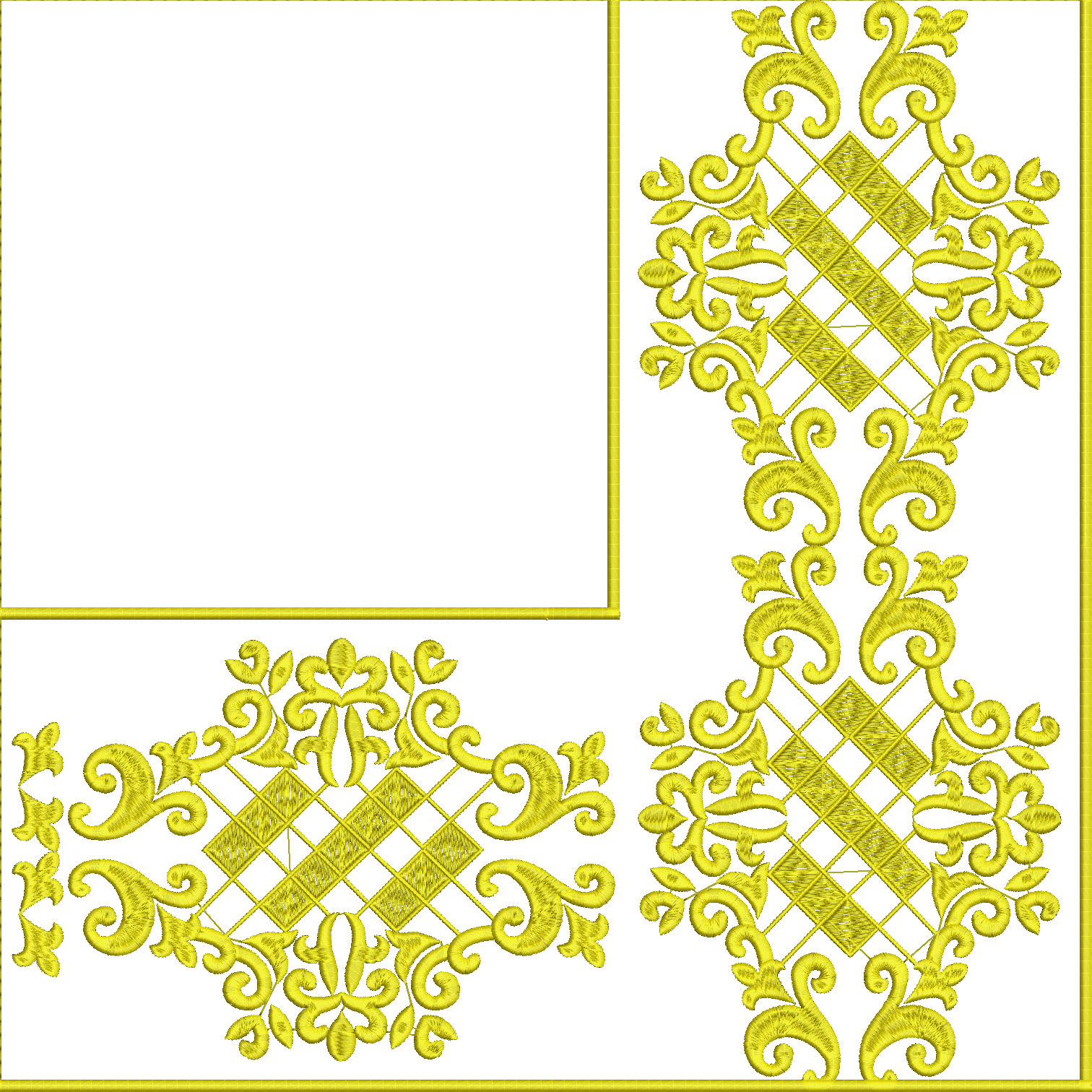Embroidery design: An ornamental yellow embroidery design featuring scrollwork, geometric patterns including diamonds and lattice, with bor