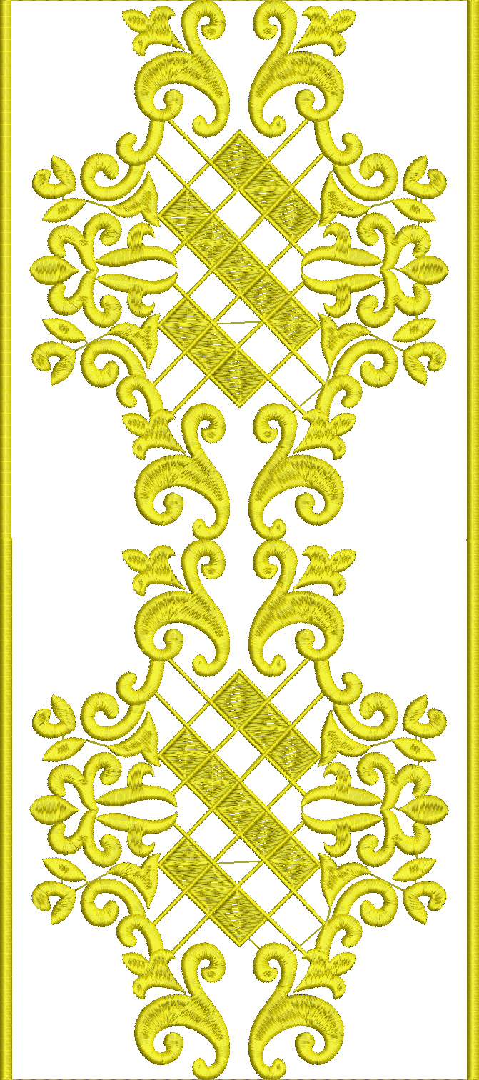Embroidery design: A decorative yellow embroidery design with symmetrical, repeating ornamental scrollwork and foliage motifs, resembling a