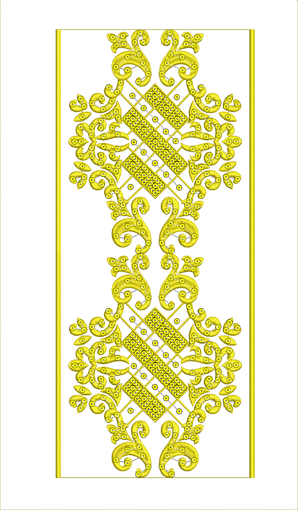 Embroidery design: A symmetrical and repeating golden embroidery design featuring scrollwork, lattice patterns with diamond shapes, and dec