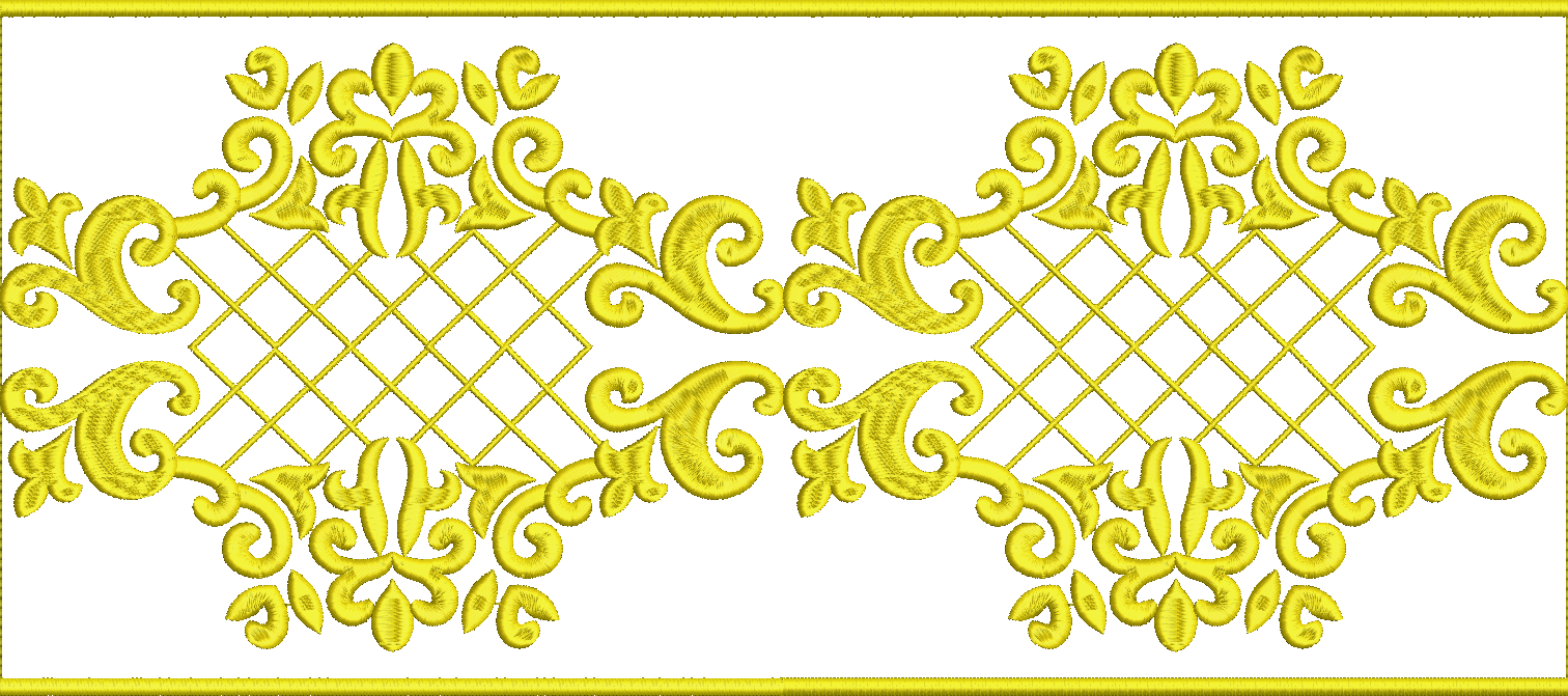 Embroidery design: A decorative embroidery border design in gold featuring symmetrical scrollwork, ornate flourishes, and a central lattice