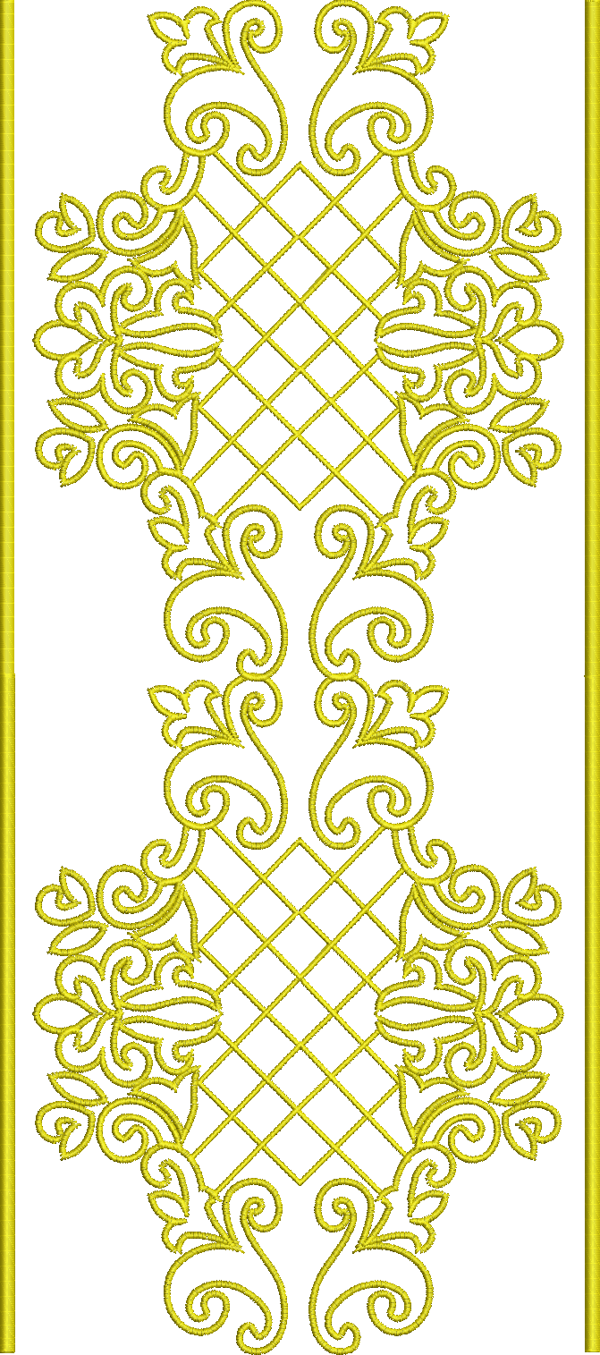 Embroidery design: A yellow embroidery design featuring a symmetrical, ornate panel with scrollwork and a lattice pattern. It is decorative