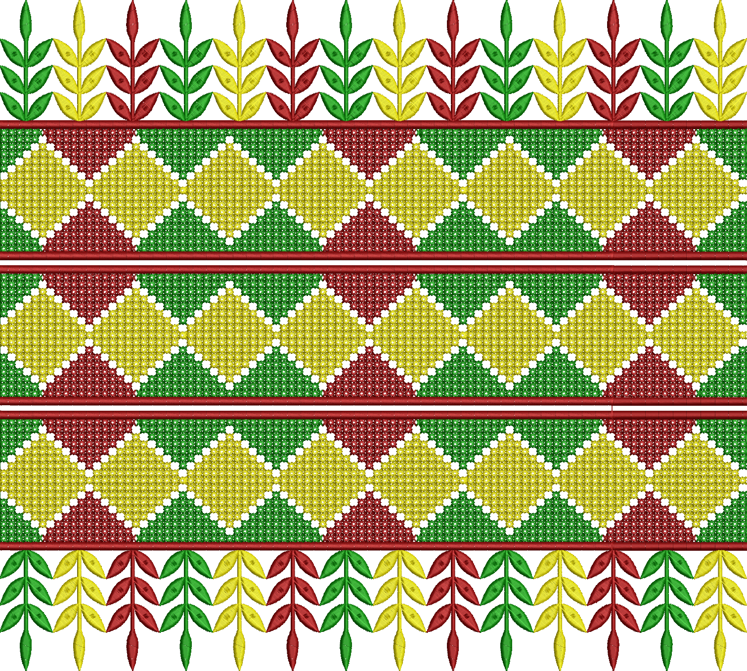 Embroidery design: A repeating horizontal embroidery border with alternating red and green leaves, and a central section featuring geometri
