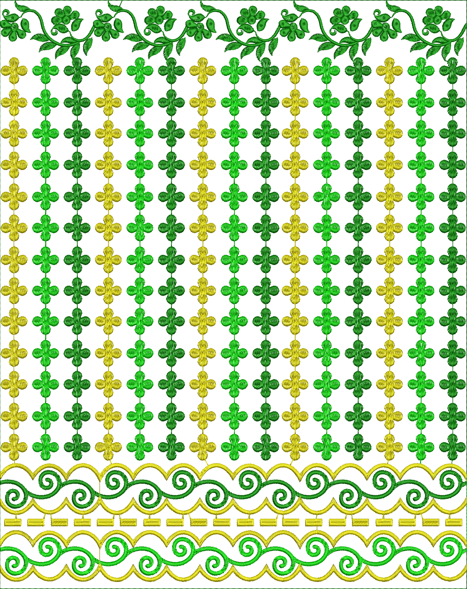 Embroidery design: An embroidery design with a repeating pattern of green and yellow clover-like motifs, bordered by green and yellow flora