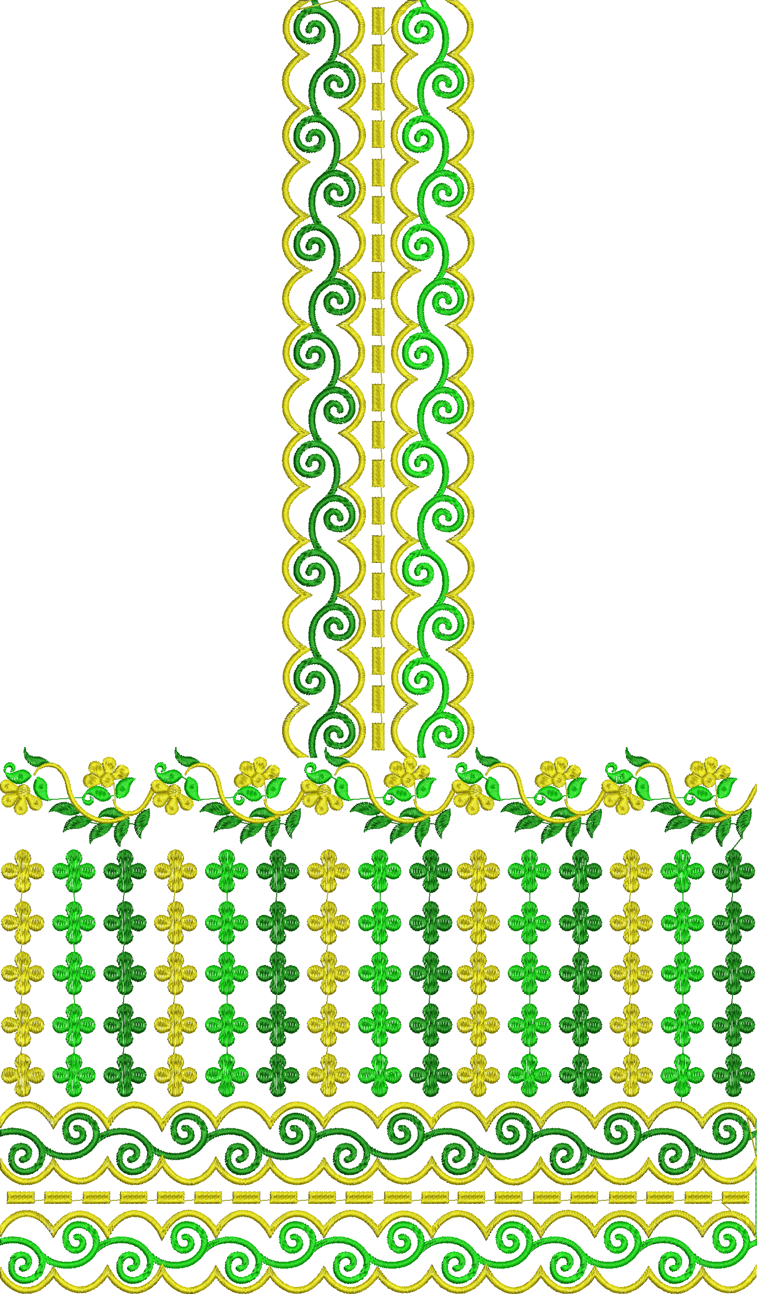 Embroidery design: A decorative border embroidery design featuring repeating green and yellow floral and scrollwork motifs with vine and le