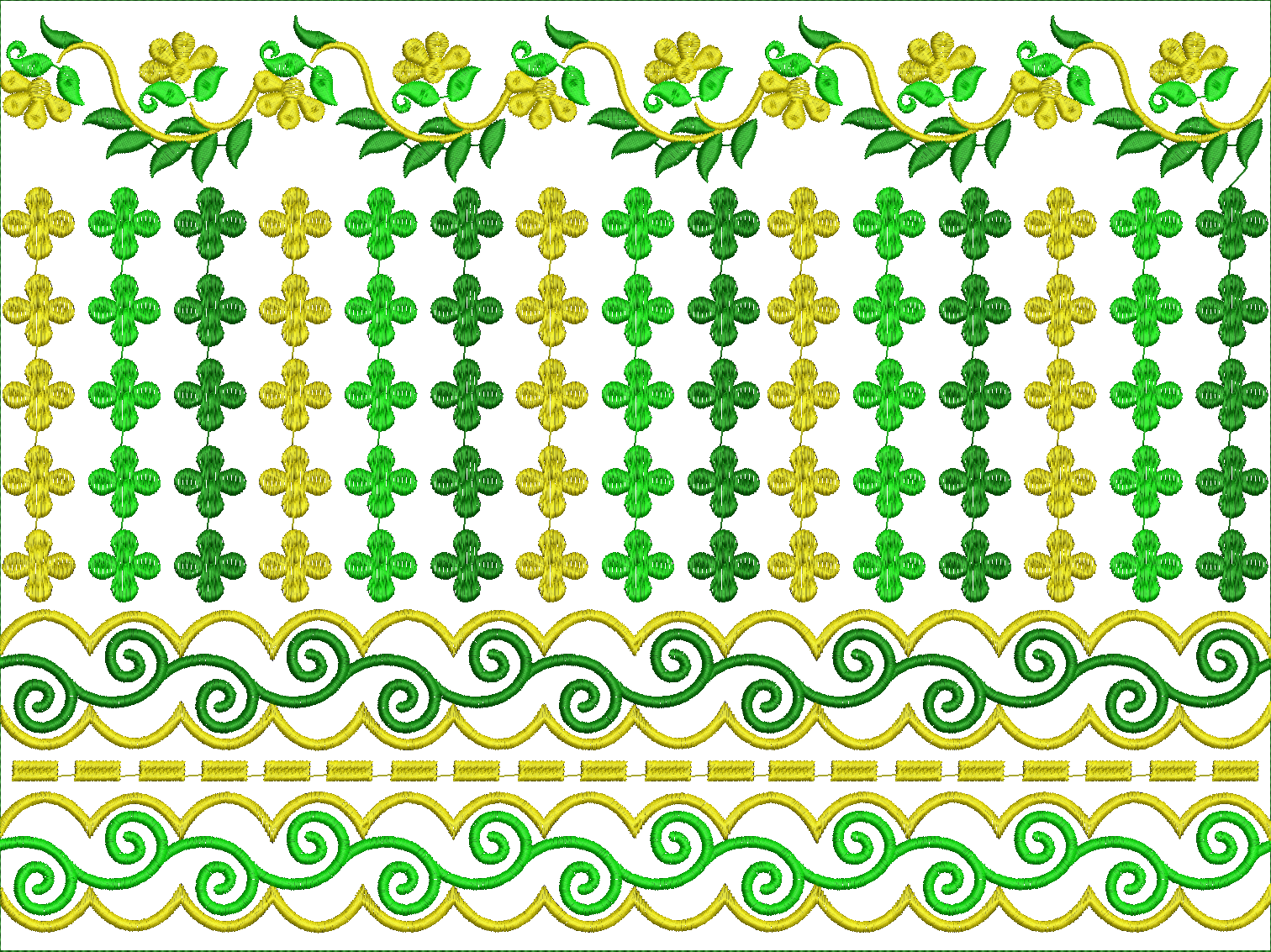 Embroidery design: An embroidery design featuring multiple decorative borders. The top border has a floral and vine pattern. Below are repe