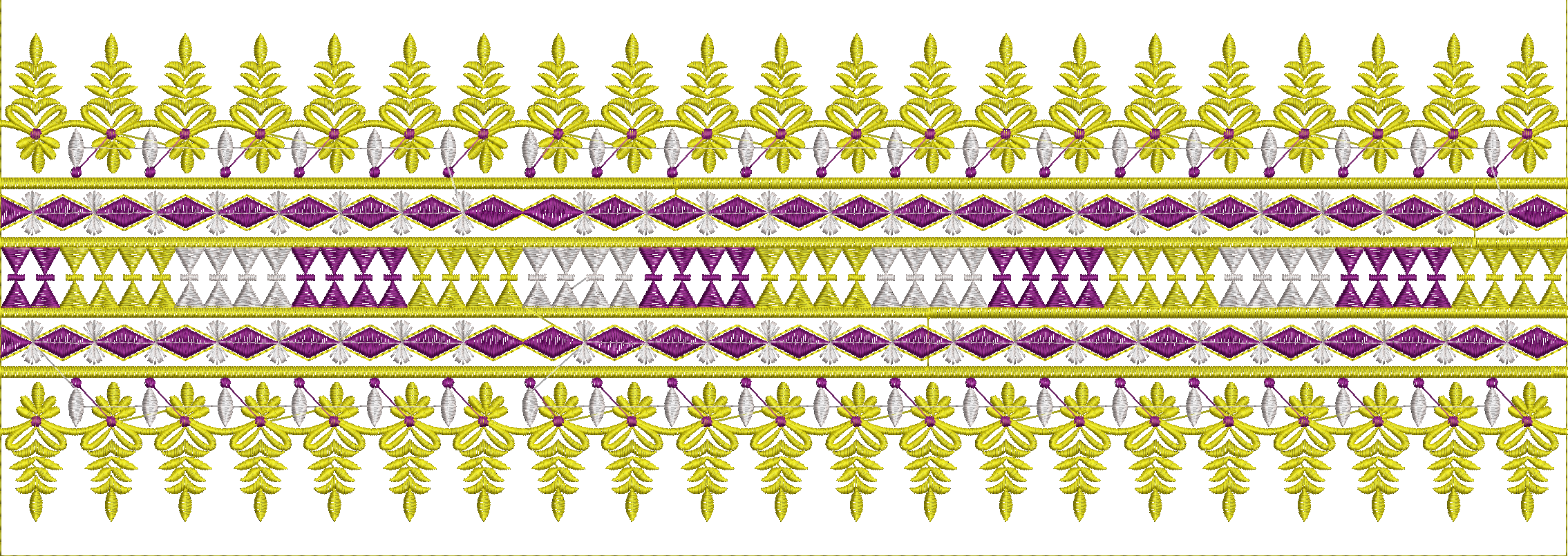 Embroidery design: An ornate embroidery design featuring a repeating horizontal border with geometric and floral elements in yellow, purple