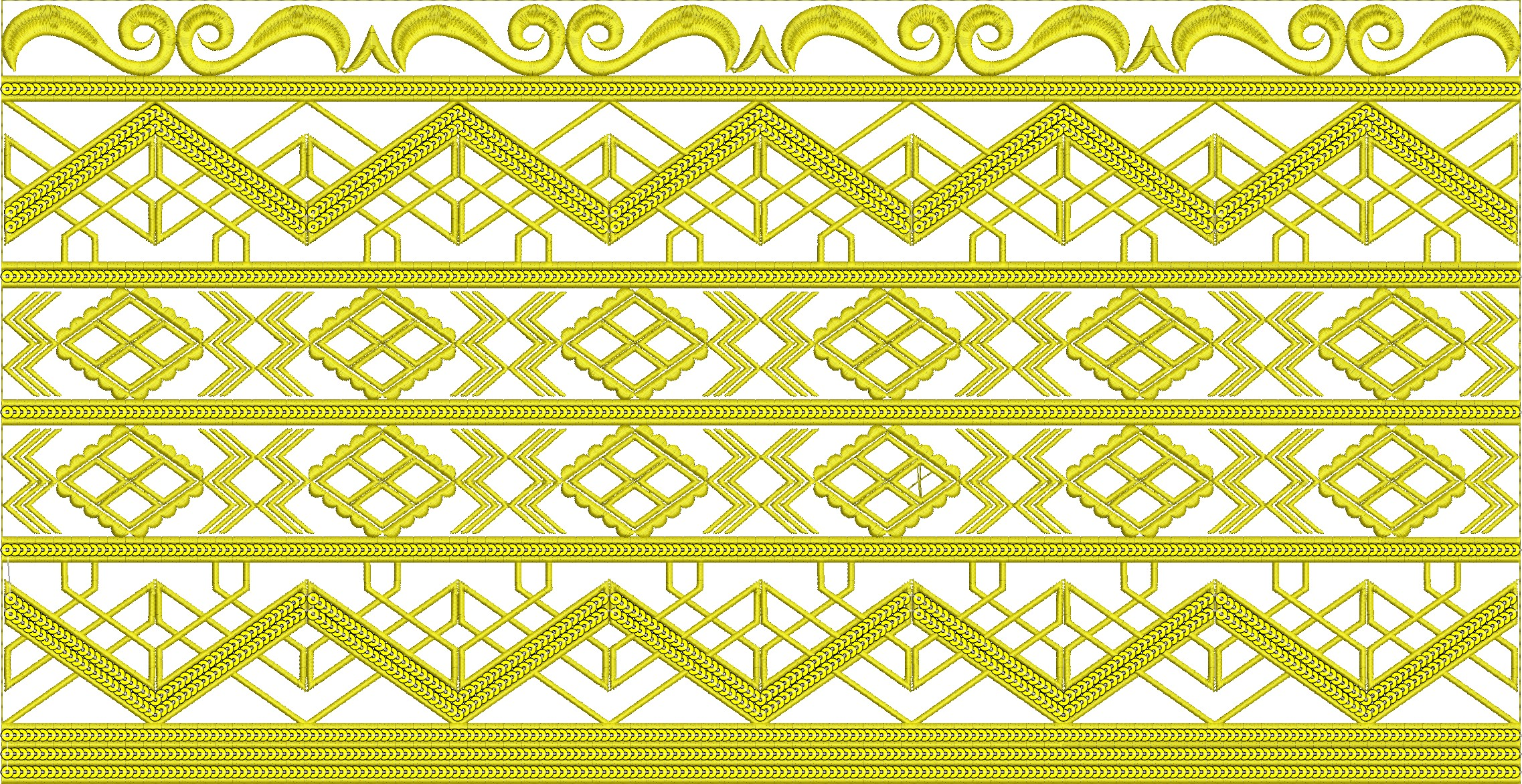 Embroidery design: A decorative embroidery border with intricate golden yellow geometric patterns and a repeating symmetrical design.