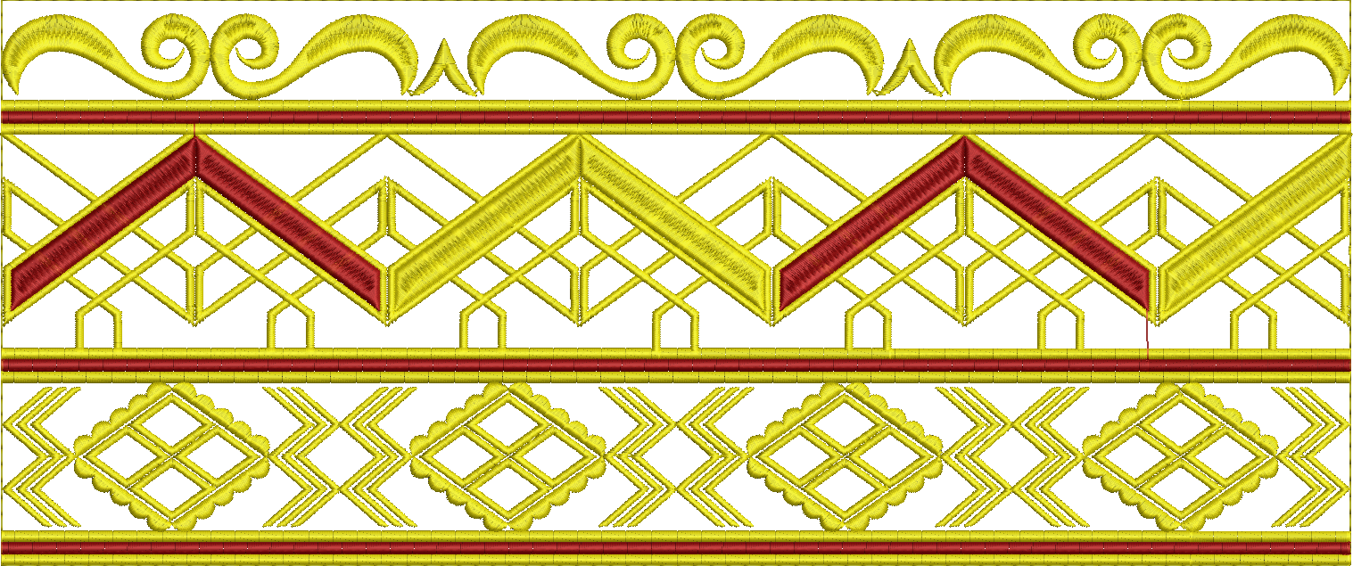 Embroidery design: A decorative embroidery border design featuring repeating geometric and ornamental patterns in yellow and dark red, with