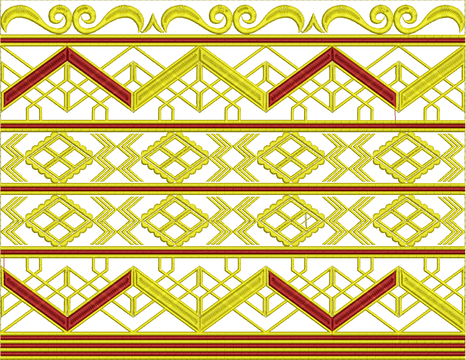 Embroidery design: A decorative border embroidery design with repeating geometric patterns in yellow and red, featuring elements like strip