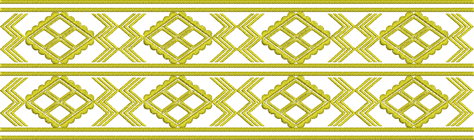 Embroidery design: A repeating horizontal border embroidery design with a geometric pattern featuring gold diamond shapes with scalloped ed