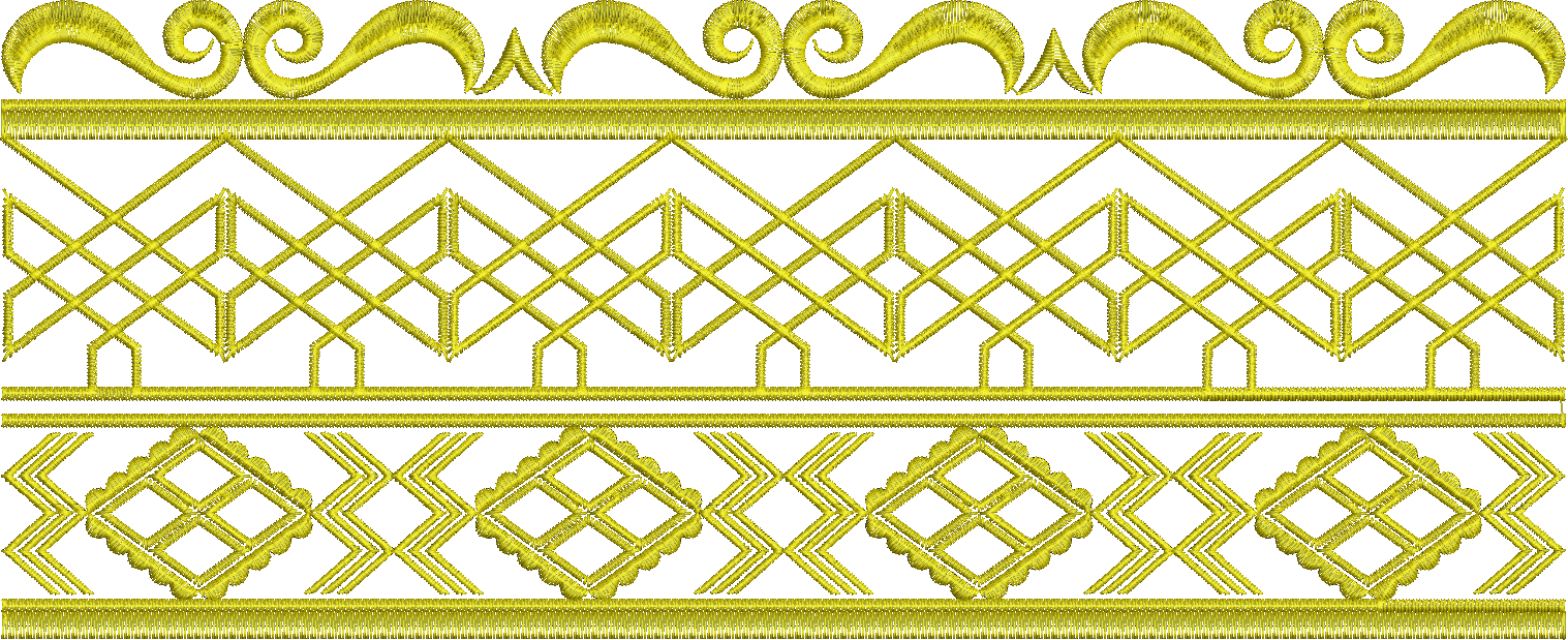 Embroidery design: A symmetrical, repeating gold embroidery border with three sections: ornate scrollwork at the top, a geometric lattice i