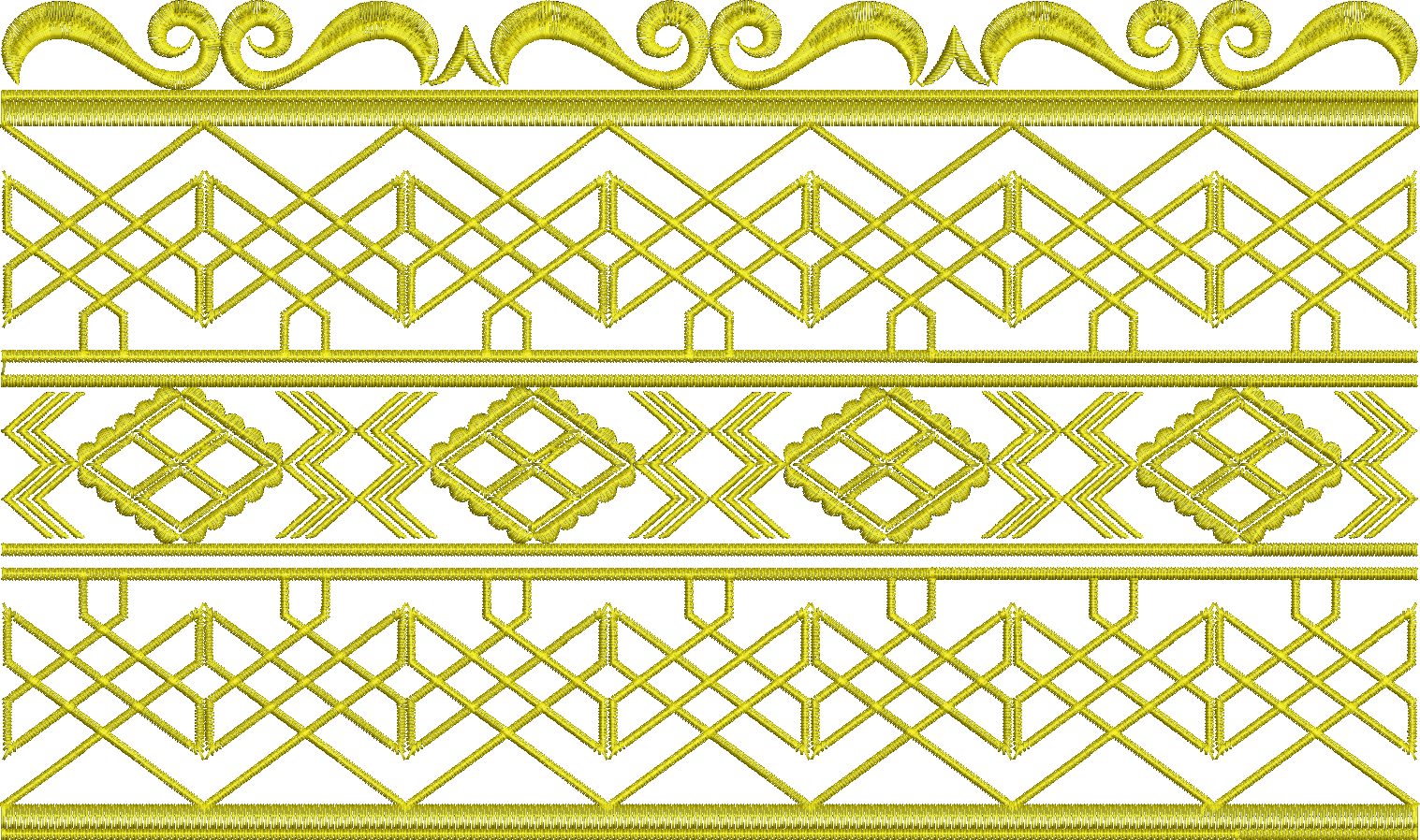Embroidery design: A golden embroidery design featuring a decorative top border with scrollwork, followed by two geometric bands with latti