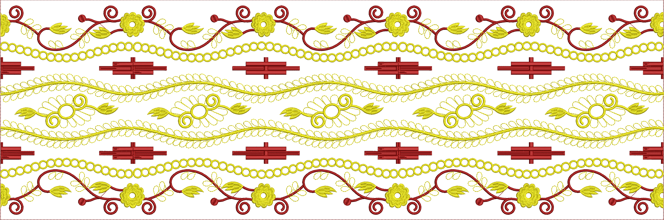 Embroidery design: A decorative border embroidery design with repeating symmetrical patterns of red and yellow floral and vine motifs.