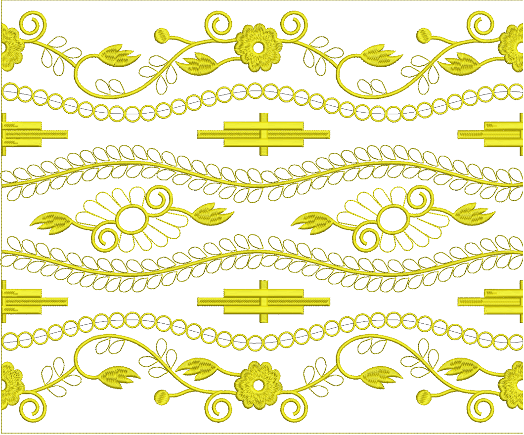 Embroidery design: A decorative yellow embroidery border design featuring repeating floral and vine motifs with geometric elements.