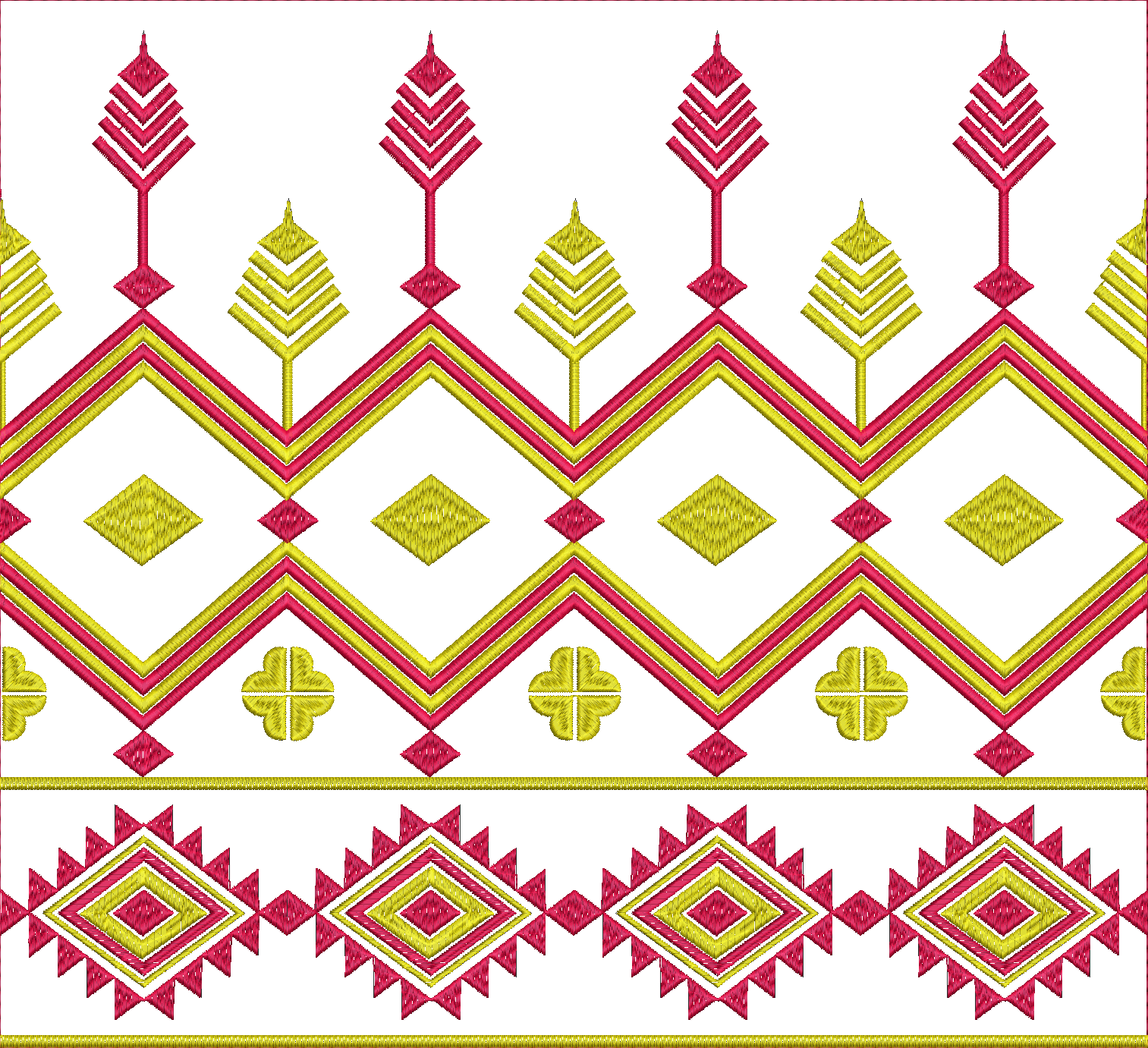 Embroidery design: A repeating ethnic-style border design with geometric motifs, featuring diamond and chevron patterns in red and yellow o