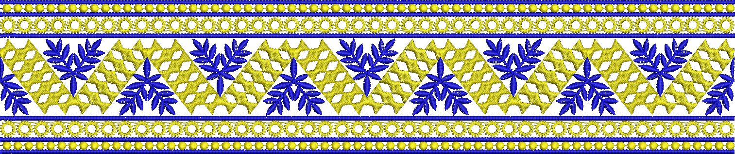 Embroidery design: A decorative border embroidery design featuring repeating symmetrical patterns of blue leaves and yellow geometric shape
