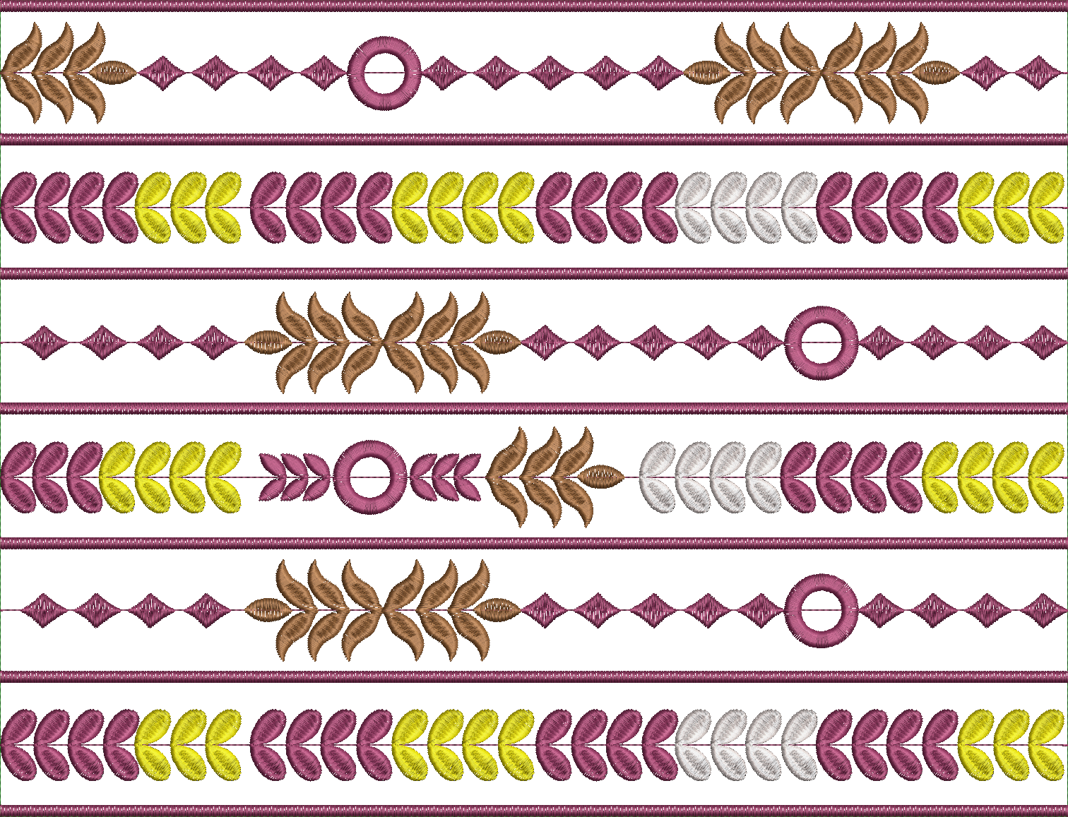 Embroidery design: A repeating horizontal embroidery border featuring geometric diamond shapes, stylized leaves and flowers in burgundy, ye
