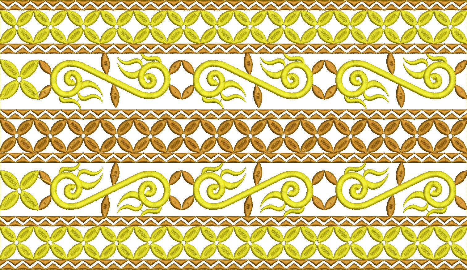 Embroidery design: A horizontal embroidery border design with repeating bands of geometric zigzag, stylized floral/diamond motifs, and gold