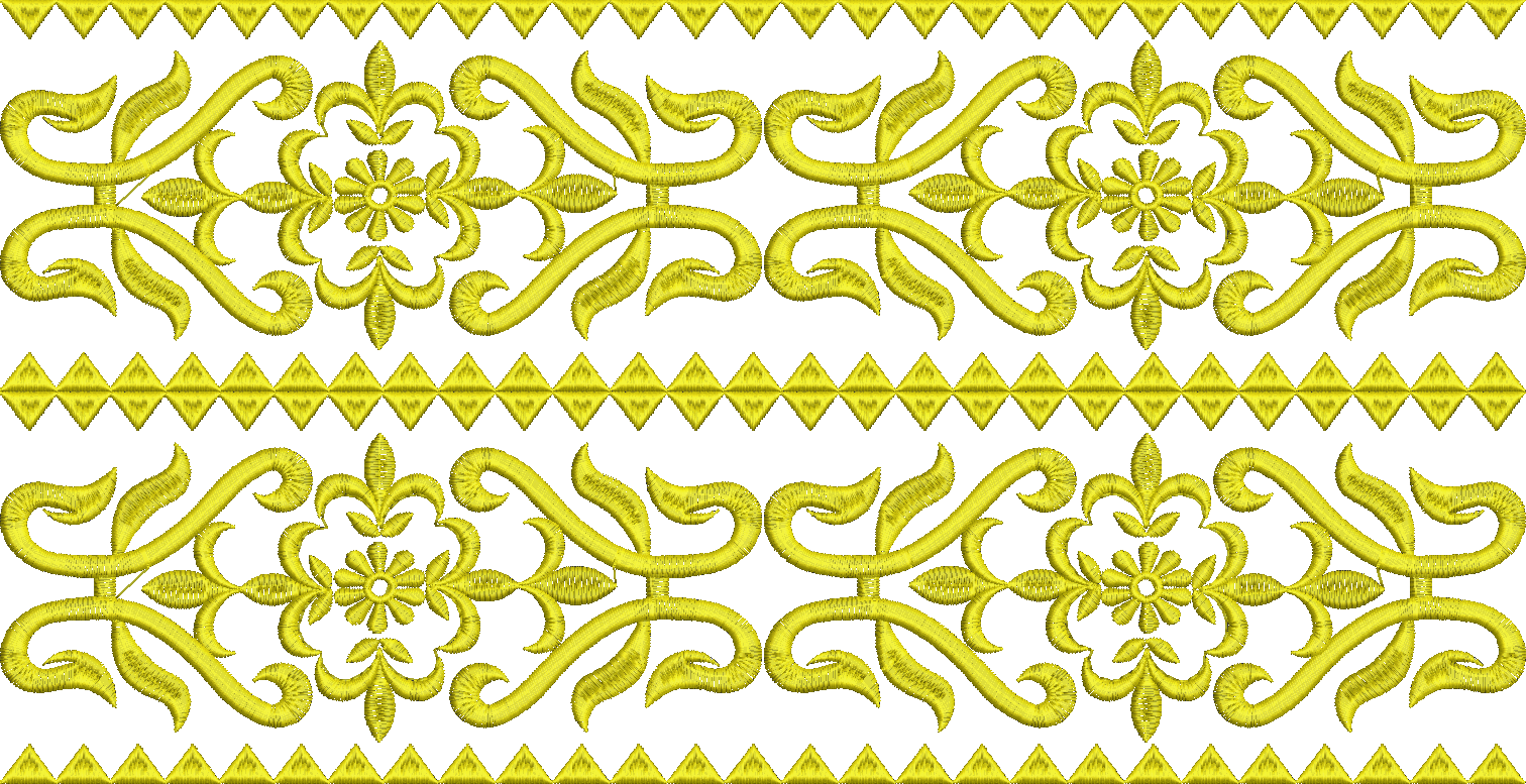 Embroidery design: A yellow embroidery border design featuring repeating symmetrical floral and scrollwork motifs with geometric diamond el