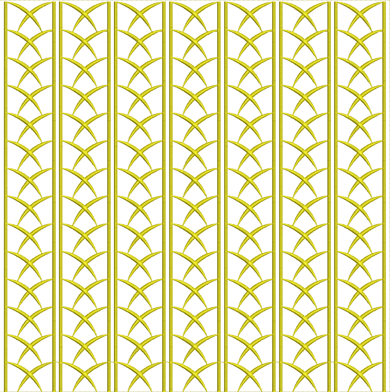 Embroidery design: A repeating pattern of golden arched shapes within vertical golden bars, creating a symmetrical and ornamental design.